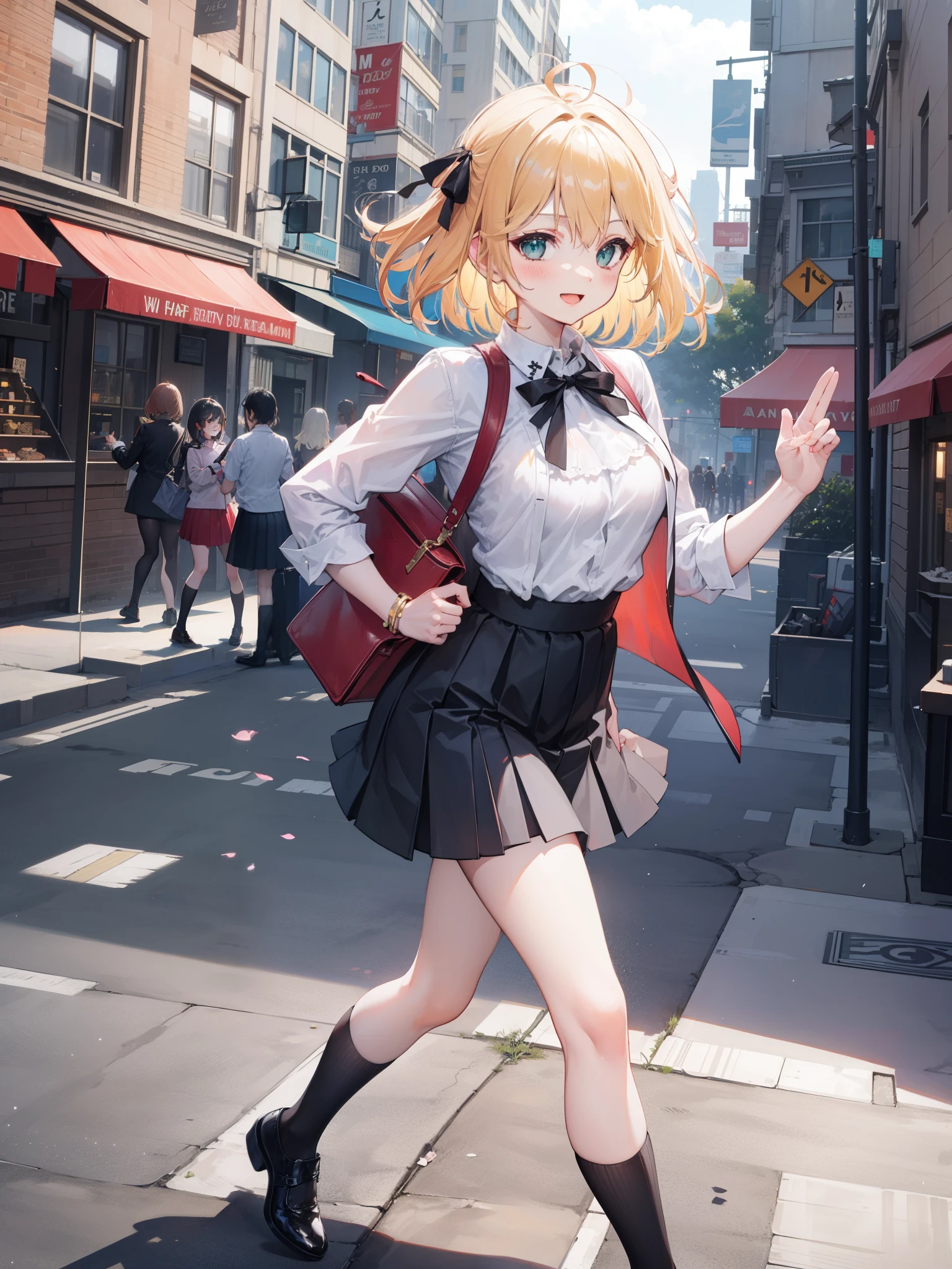 street background, Traffic is congested, Shirt clipping button, mini pleated skirt, black shoes, walk, smile, open your mouth