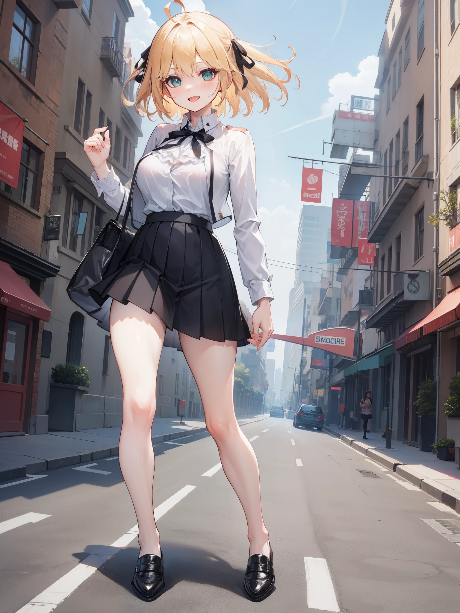 street background, Traffic is congested, Shirt clipping button, mini pleated skirt, black shoes, walk, smile, open your mouth