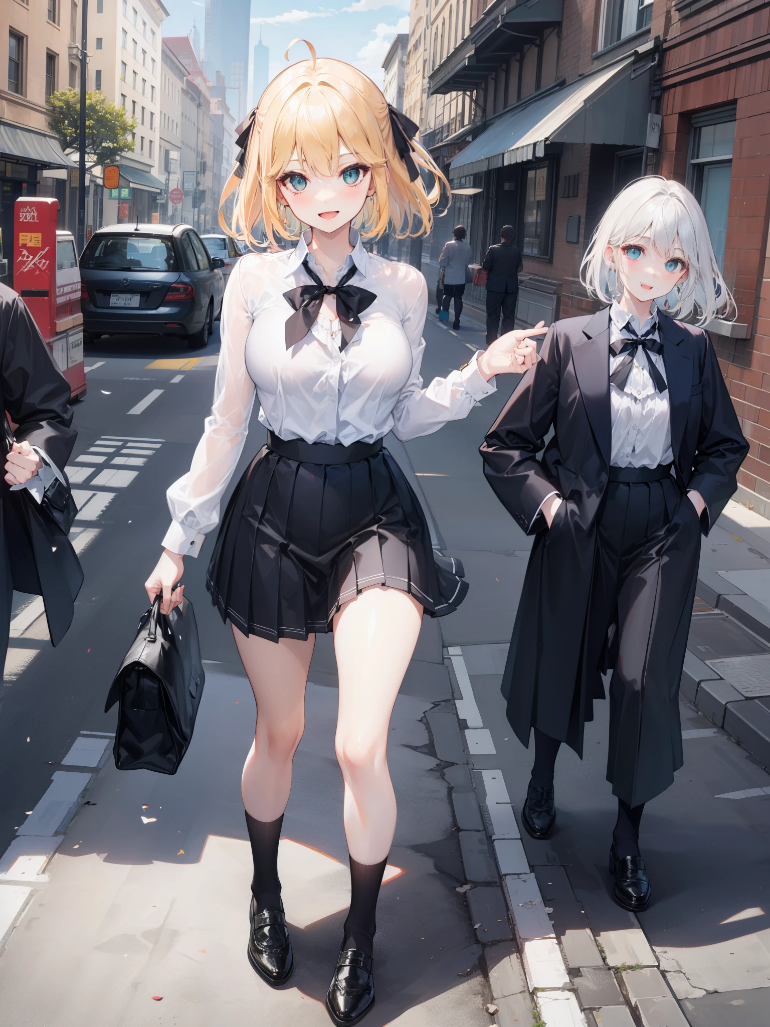 street background, Traffic is congested, Shirt clipping button, mini pleated skirt, black shoes, walk, smile, open your mouth