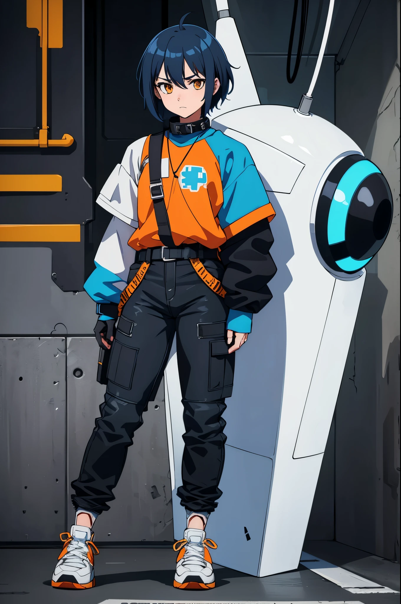 2D Anime character with fair skin dark brown eyes fuzzy blue hair with white pigments Techwear style clothing Black with orange details with a small white and blue robot that floats over his shoulder with a capacitor symbol mark near the face shirt with a line that goes up to the neck following the line of the collar Black techwear jeans with gray details and a hanging belt Yellow or white Sports sneakers or white ankle boots with details on the black laces front image full body of the character clean background 4k 