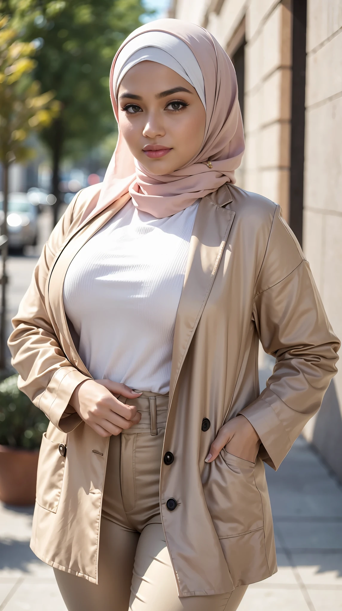 RAW, Best quality, high resolution, masterpiece: 1.3), beautiful Malay woman in hijab, Masterpiece, perfect fit body, big breasts, thick thighs, beautiful face, beautiful big eyes, Soft smile, Muslim woman wearing a beige jacket and white pants with a black purse, elegant slim beige shirt, wear's beige shirt, wearing elegant casual clothes, cream colored blouse, wearing a blouse, taupe, full body picture, feminine in cute pastel shades, beige, wearing in shirt, casual modern clothing, cropped shirt with jacket, beautiful woman, Good lighting, Bright colors, Very realistic clean lines, very realistic