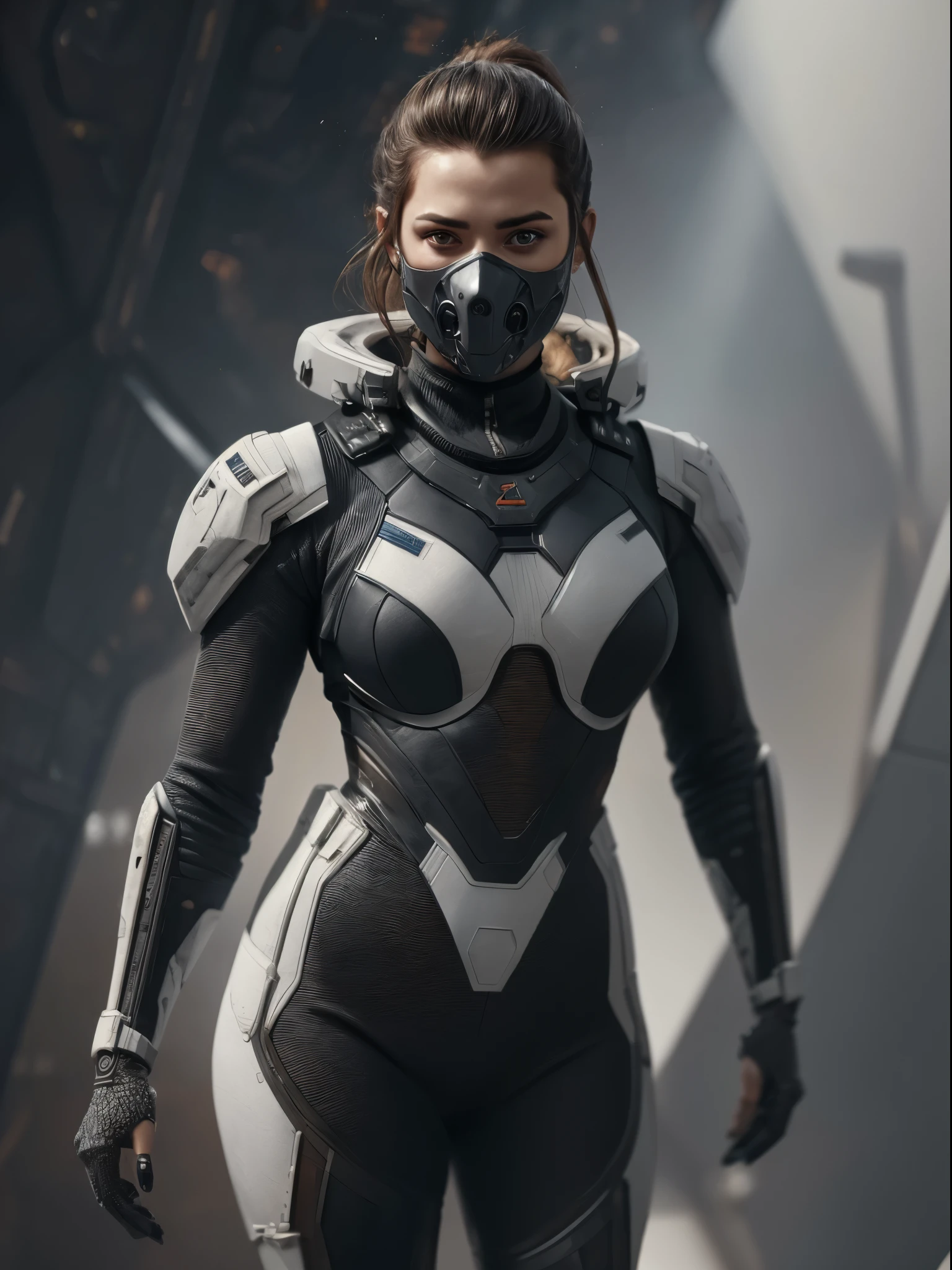 (masterpiece, best quality, absurdres, 8k)Hyper realistic painting of a beautiful curvy 23 year old woman in a black and white intricate  heavy armored EVA plugsuit with a futuristic space fighter pilot mask,  hyper detailed, anime, by Greg Rutkowski, trending on artstation, 