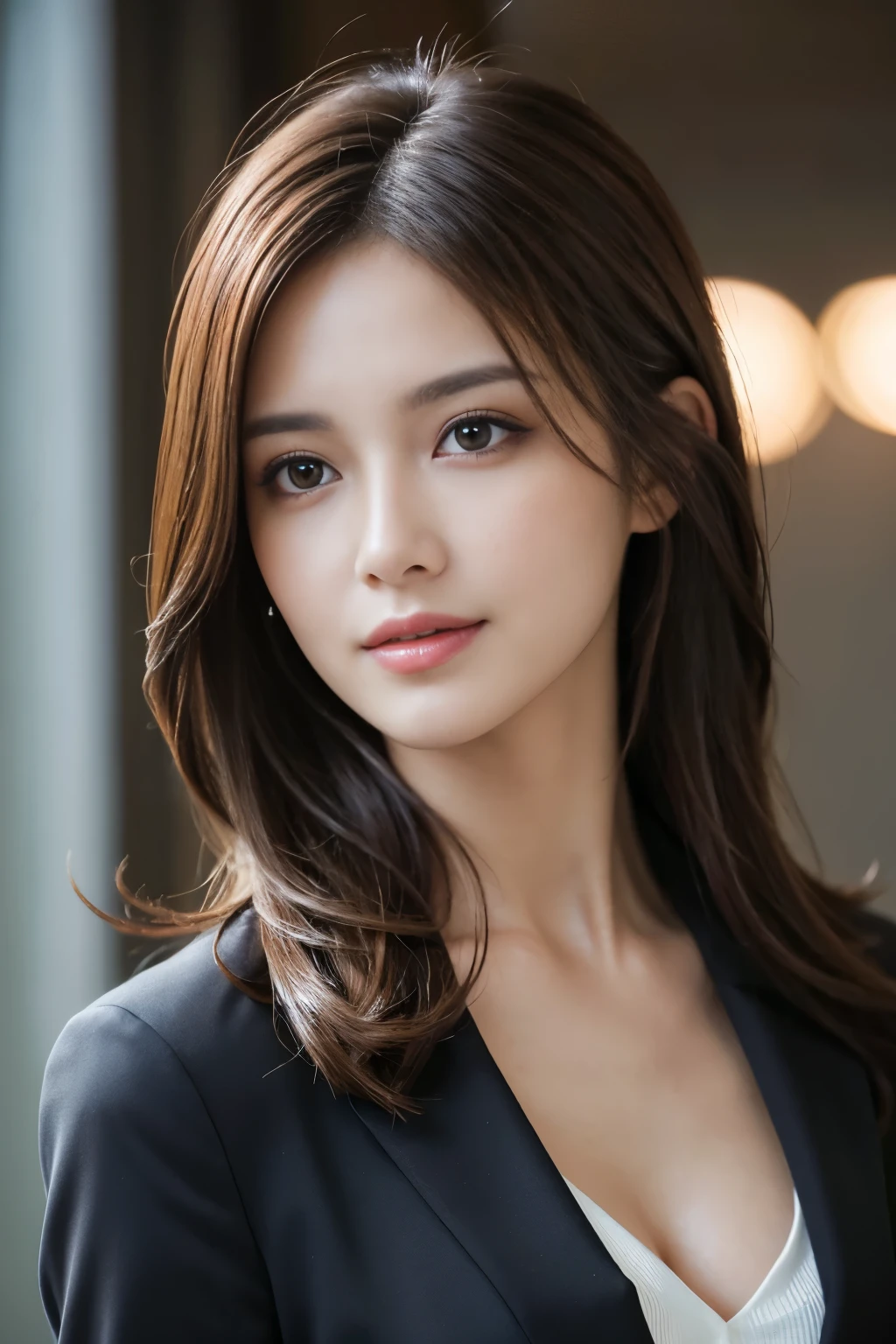 masterpiece, highest quality, realistic, Super detailed, attention to detail, High resolution, 8k wallpaper, one beautiful woman,, light brown messy hair, wearing a business suit, sharp focus, perfect dynamic composition, beautiful and fine eyes, fine hair, Detailed realistic skin texture, smile, close-up portrait, model body shape