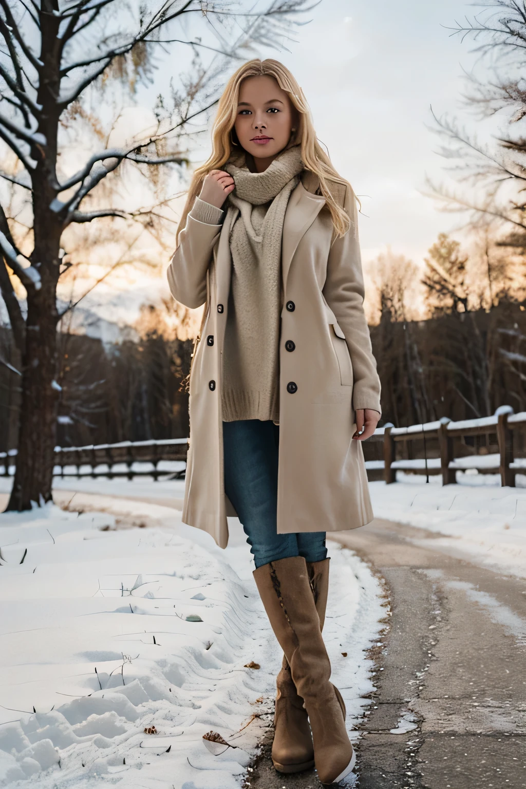 photo of a gorgeous young blond woman cozy winter shot were you can see full body from head to toe
