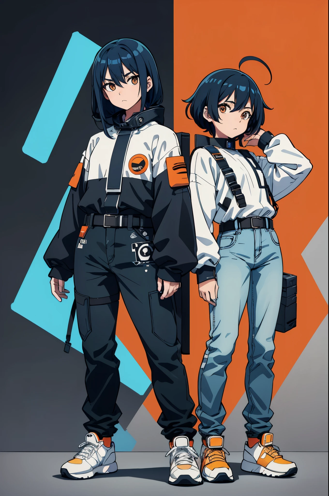 2D Anime character with fair skin dark brown eyes fuzzy blue hair with white pigments Techwear style clothing Black with orange details with a small white and blue robot that floats over his shoulder with a capacitor symbol mark near the face shirt with a line that goes up to the neck following the line of the collar Black techwear jeans with gray details and a hanging belt Yellow or white Sports sneakers or white ankle boots with details on the black laces front image full body of the character clean background 4k