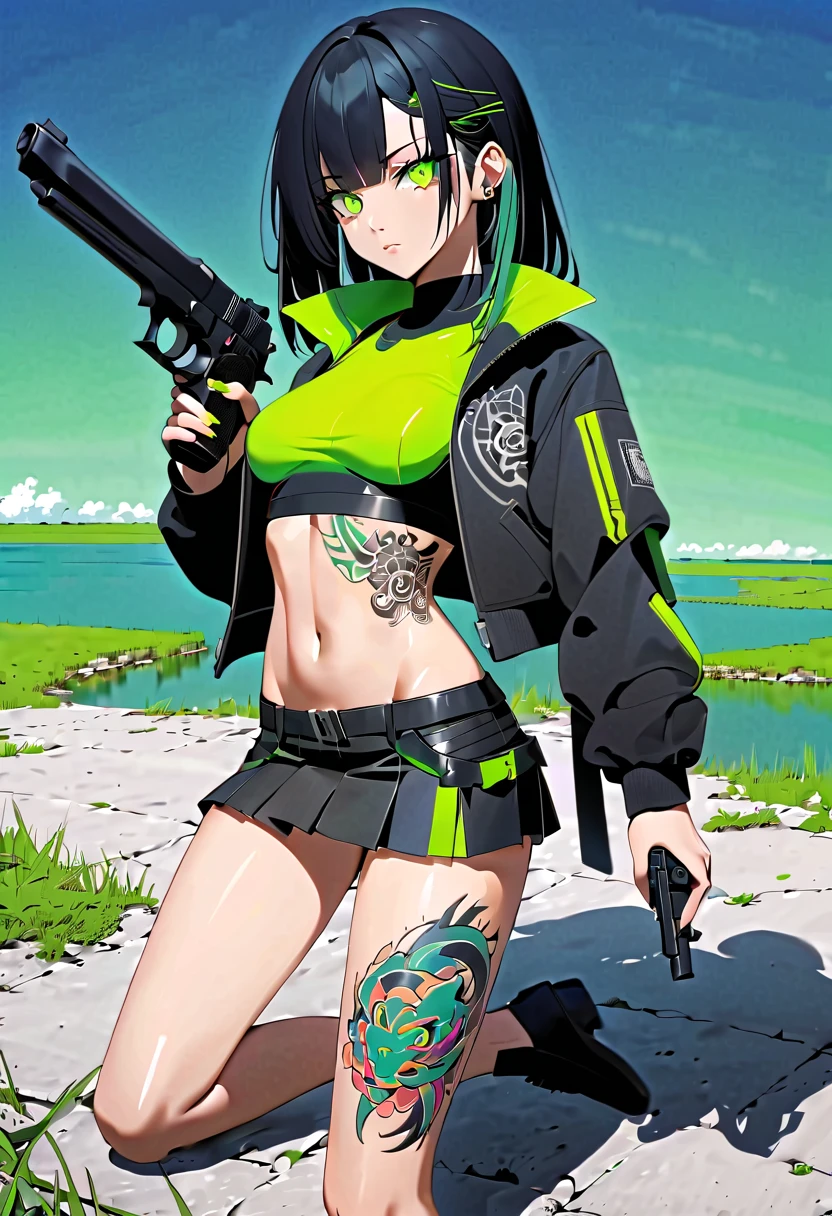 1 girl, solo, long_hair, bangs_between_the_eyes black_hair_with_strands_green, bi_color_ green_neon eyes, sexy_face, HOLDING A PISTOL IN HAND NEAR THE GROUND, cyberpunk_clothes, short_jacket, navel appears, short_skirt, tatto_legs, left_arm_band, tattoo_above_navel_background_of_abandoned_lake_, manga_style_image .