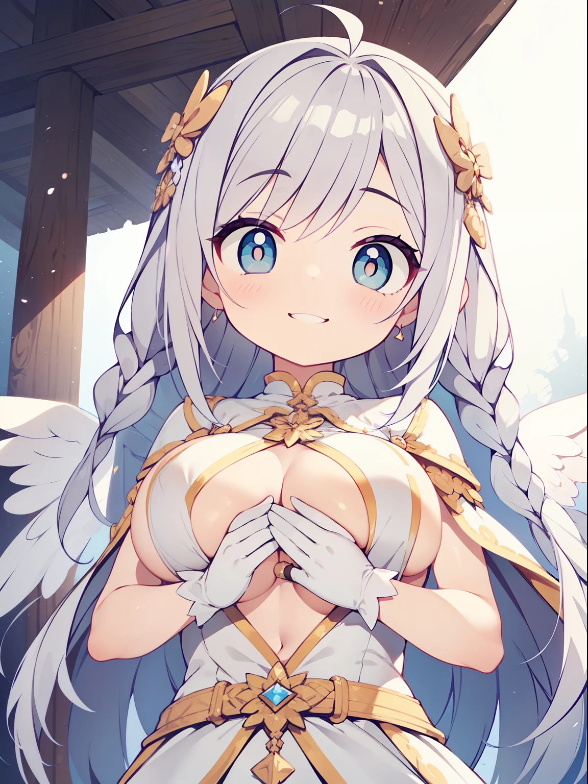 (angel girl:1.2), (1 person:1.2),(10 year old girl)、young girl、big breasts、 nffsw、shader、highly detailed eyes、angel costume(Wearing a white cloth、angel wings、angel ring)、long straight hair、underide boob、gray hair、Braid、silky hair、ultra-intricate pupil in eyes、highest quality、bright colors、Bust 100、Standing picture of the game、Stirring composition、Composition looking up from below、Pose that emphasizes the chest、fold your arms、white shiny gloves、grinning expression、eyes half closed、open your mouth、fold your hands behind your back、Hide your hands、evil smile、whole body、beautiful