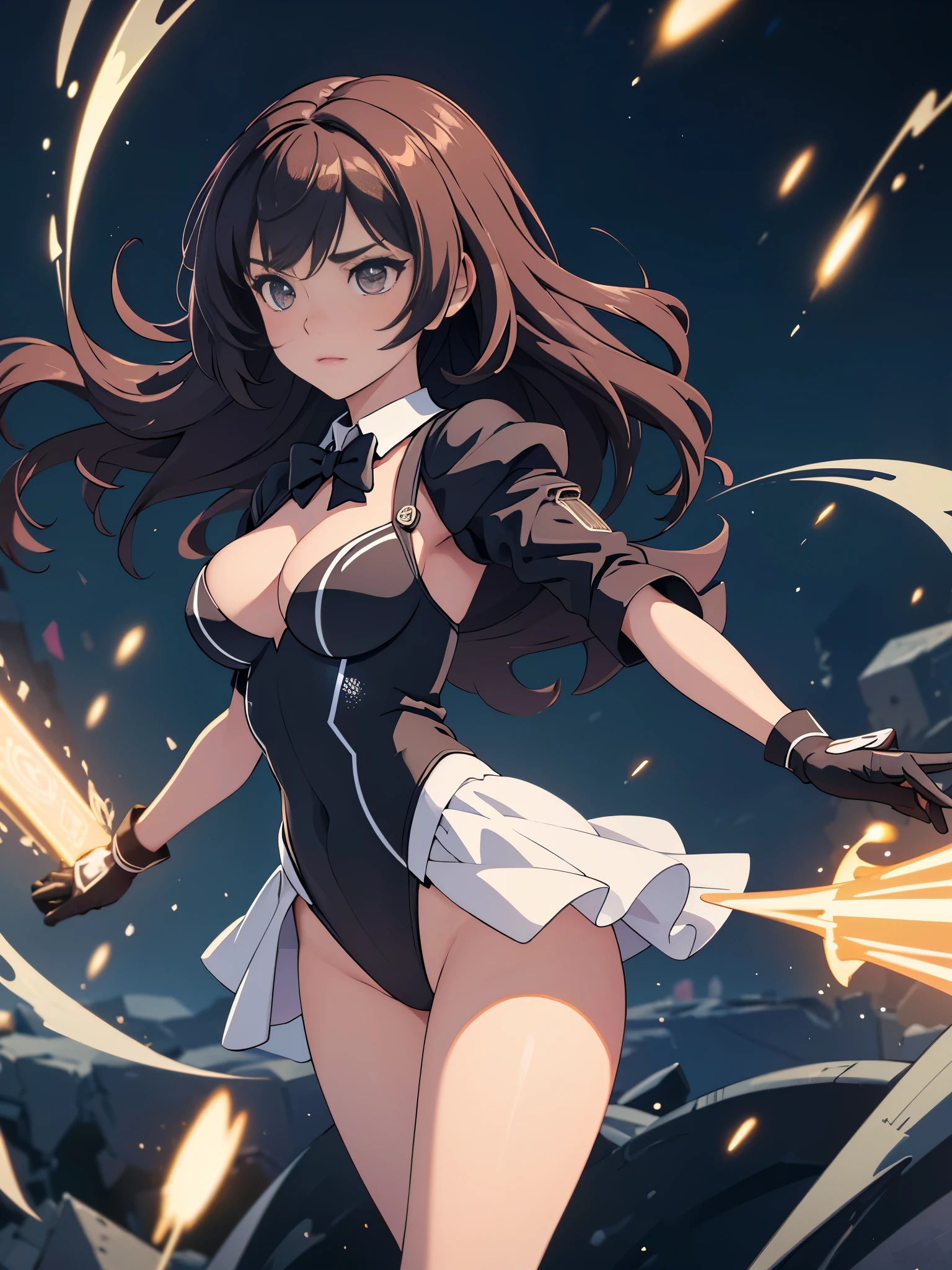 (masterpiece), best quality, highly detailed, detailed background, cinematic lighting, outdoor, 1girl, medium hair, medium breasts, leotard, bare legs, gloves, light particles. glow, magician, tuxedo, sparkling