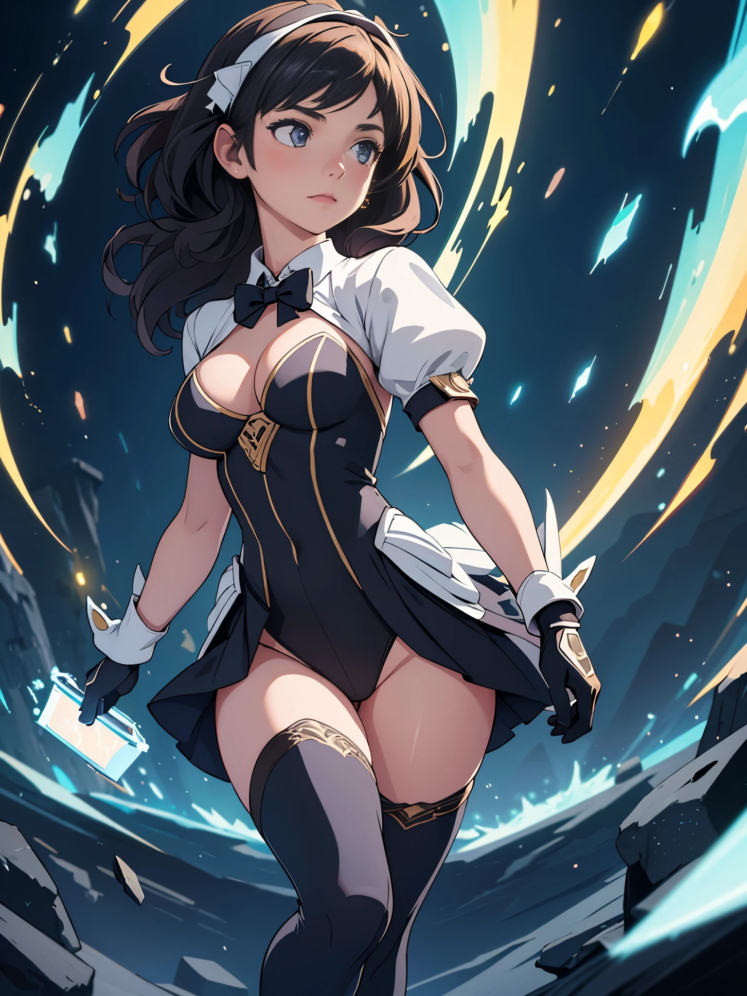 (masterpiece), best quality, highly detailed, detailed background, cinematic lighting, outdoor, 1girl, medium hair, medium breasts, leotard, bare legs, gloves, light particles. glow, magician, tuxedo, sparkling