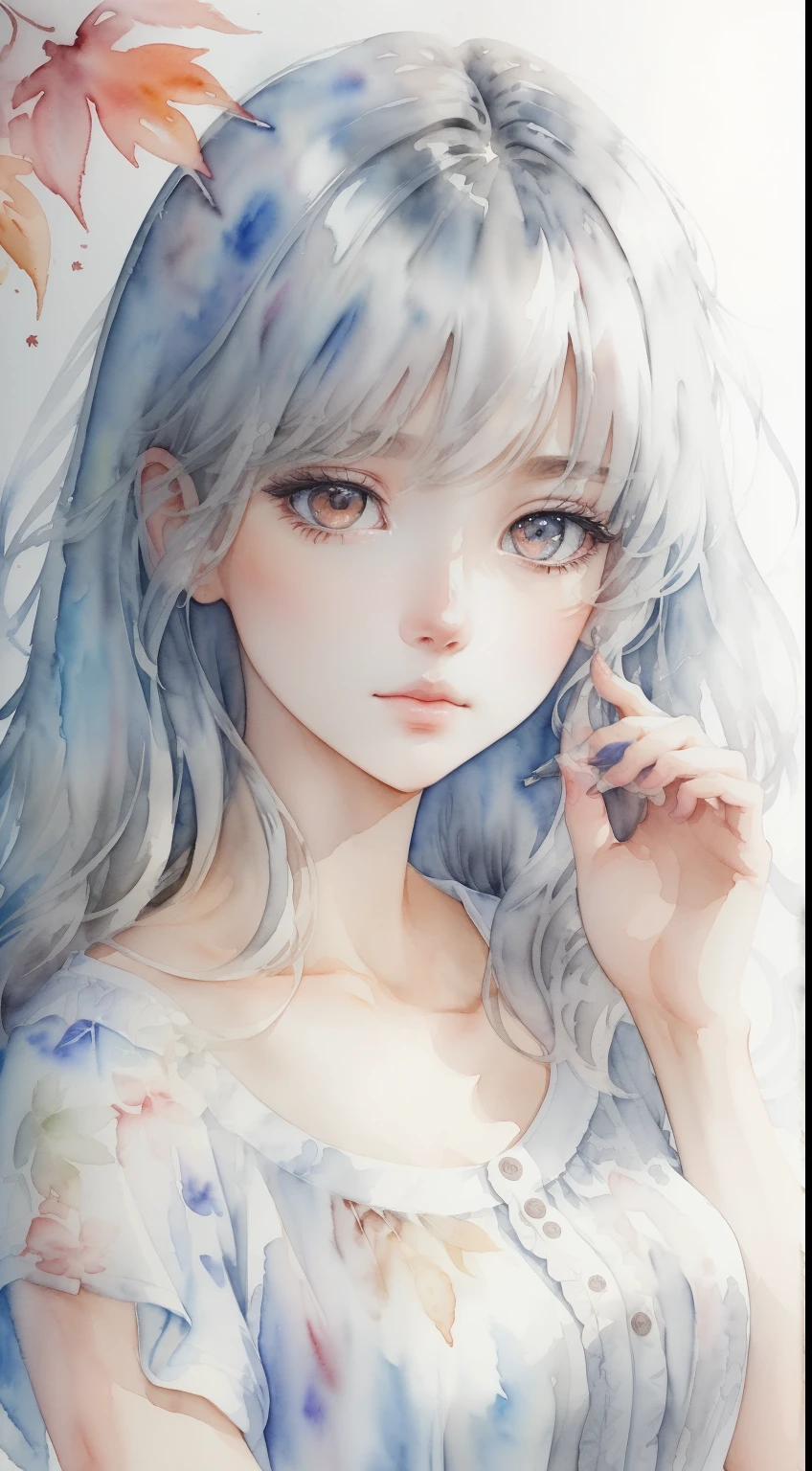 Make an image look like autumn.、(masterpiece)、(highest quality:1.1)、(超detailedな:1.1)、best illustrations、detailed、(watercolor painting:1.4)、(hand drawn:1.2)、(Watercolor brush hair)、 1 girl,Upper body、Portrait、white hair、gray eyes、Put your hand on your mouth、Look straight here、upward glance、blouse、