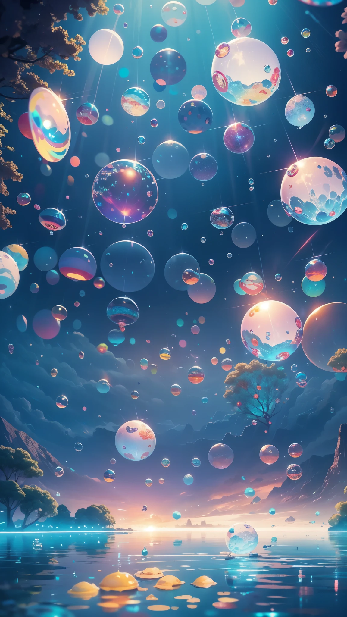 Far shot of a lake,super cute slime,reflecting light,colorful bubbles,magical lake,ultra-detailed,best quality,soft lighting, fantasy style, vibrant colors