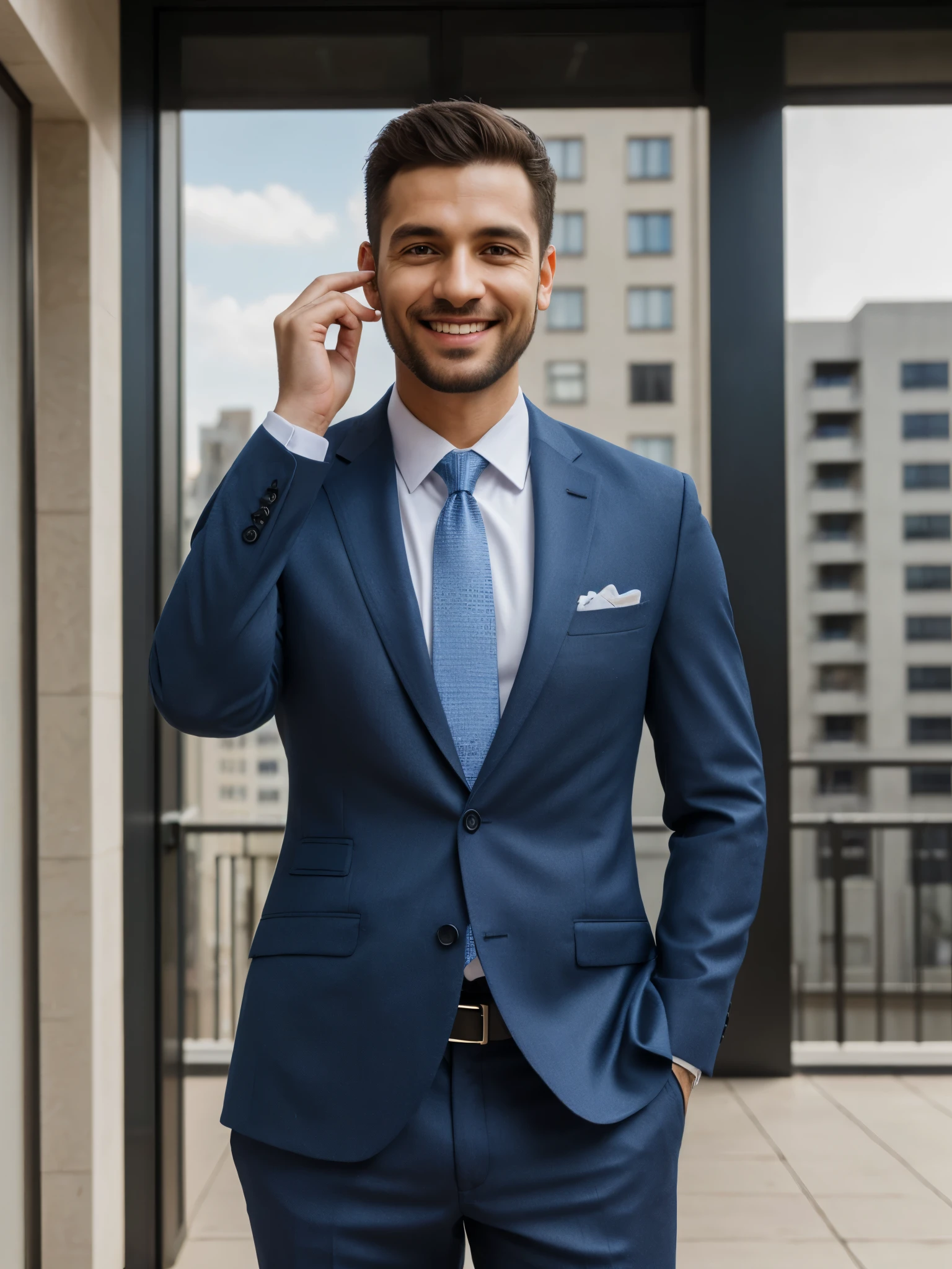 8k portrait, detailed intricate fabric texture, , (8K, RAW photo, best quality, masterpiece:1.2), (realistic, photo-realistic:1.4), ultra-detailed, 1man wearing a suit, ((holding keys)), smiling, apartment building in the background