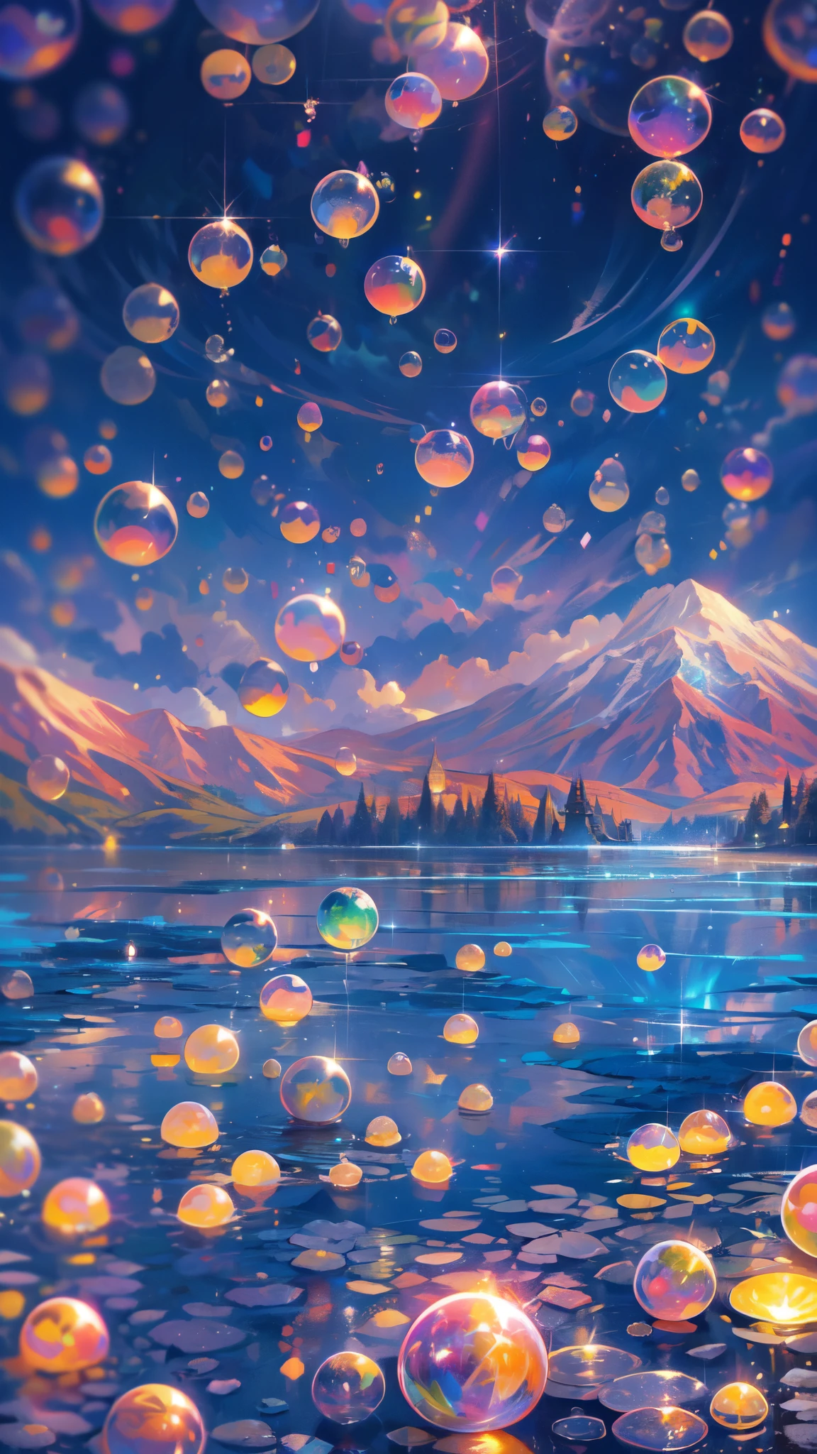 Ultra wide angle,Far shot of a lake,super cute slime,reflecting light,colorful bubbles,magical lake,ultra-detailed,best quality,soft lighting, fantasy style, vibrant colors