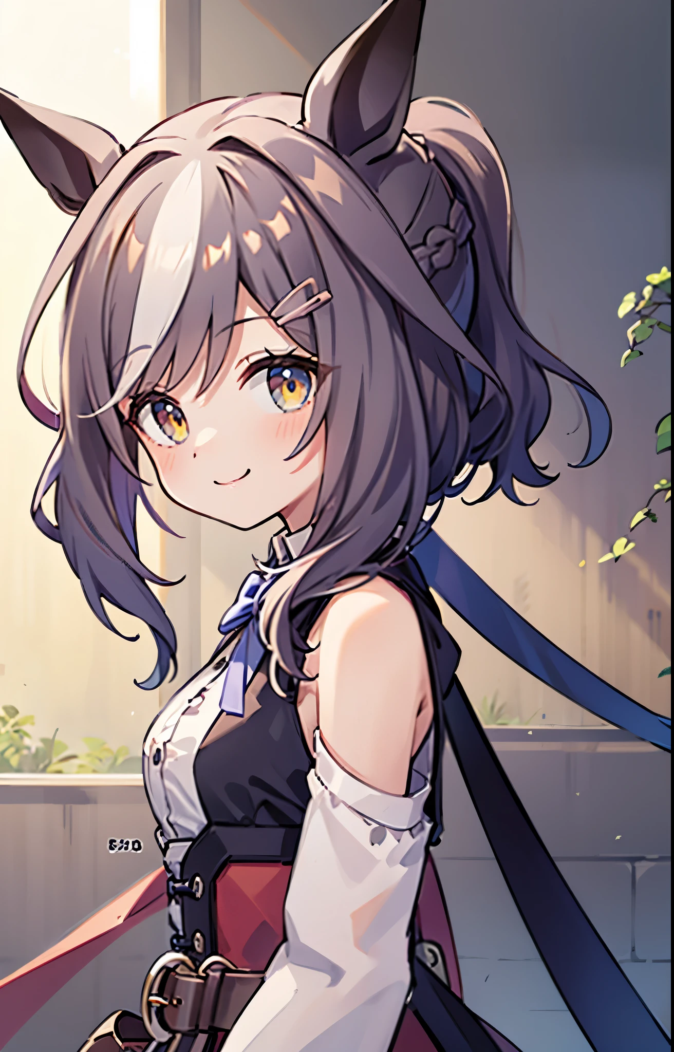 [[[​master piece]]],[[[Best Quality]]],[[[ultra-detailliert]]],extremely detailed CG unity 8k wallpaper,illustration,lens 135mm,masterpiece, best quality,portrait, adulty,
matikane tannhauser (blue turbulence), 1girl, animal ears, horse ears, horse tail,looking at viewer, breasts, hair ornament, ponytail, aquagradient eyes, medium hair, skirt,light smile,