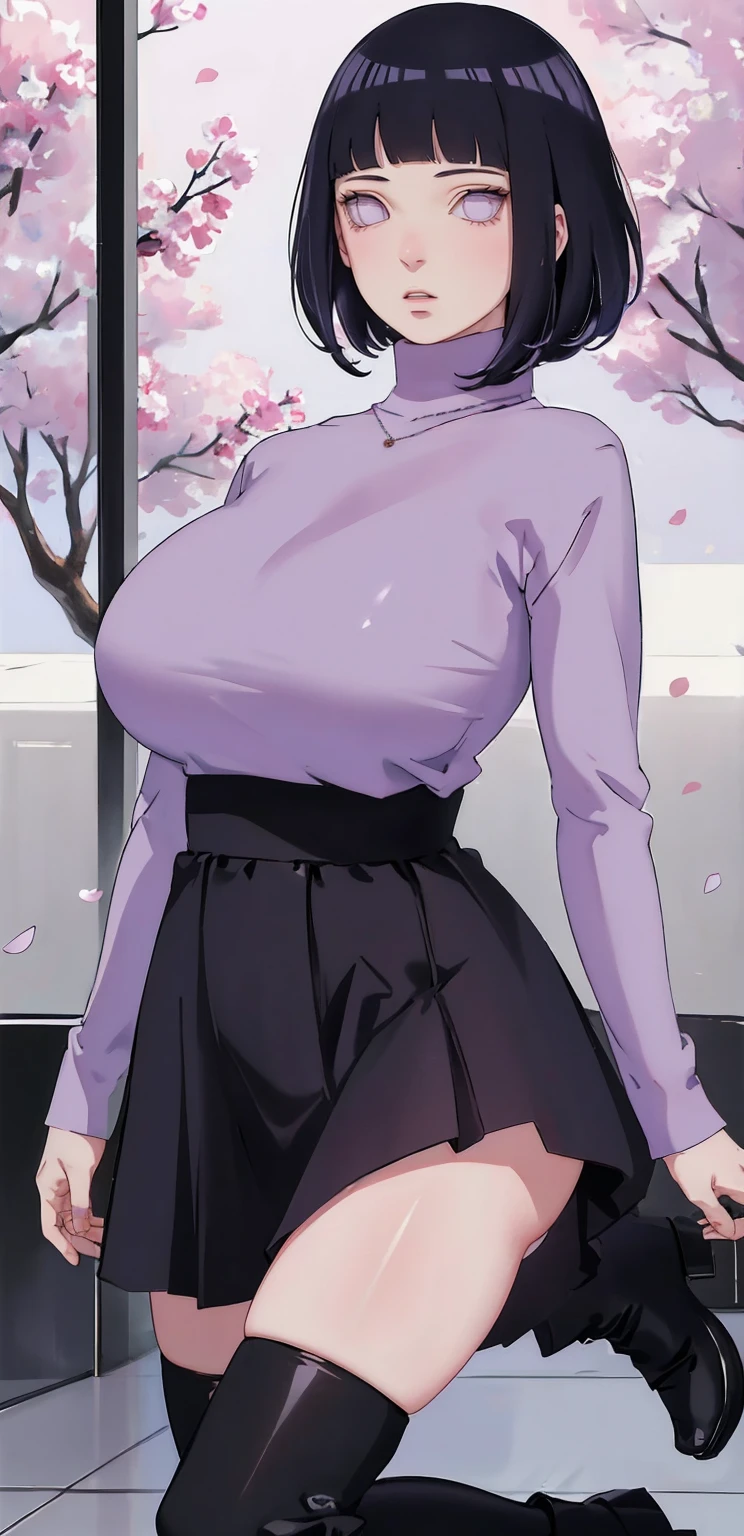 { -  error} (Masterpiece - Ultra-detailed, very high resolution) (huge titusty, masterpiece, absurdres, hinata\(boruto\), 1girl, solo,mature female, lilac turtleneck blouse, high waist black short skirt, looking at viewelling petals), perfect composition, detailed lips, big breast, beautiful face, body propotion, blush, (pink lips), short hair, (black hair), purple eyes, soft gaze, super realistic, detailed, photoshoot, realistic face and body, closed mouth, dancing ligthly , lilac eyes, full body, walking on the floor , black boots, perfect fingers, inocent face