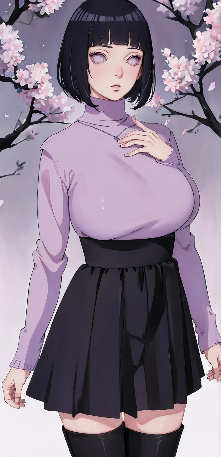 { -  error} (Masterpiece - Ultra-detailed, very high resolution) (huge titusty, masterpiece, absurdres, hinata\(boruto\), 1girl, solo,mature female, lilac turtleneck blouse, high waist black short skirt, looking at viewelling petals), perfect composition, detailed lips, big breast, beautiful face, body propotion, blush, (pink lips), short hair, (black hair), purple eyes, soft gaze, super realistic, detailed, photoshoot, realistic face and body, closed mouth, dancing ligthly , lilac eyes, full body, walking on the floor , black boots, perfect fingers, inocent face