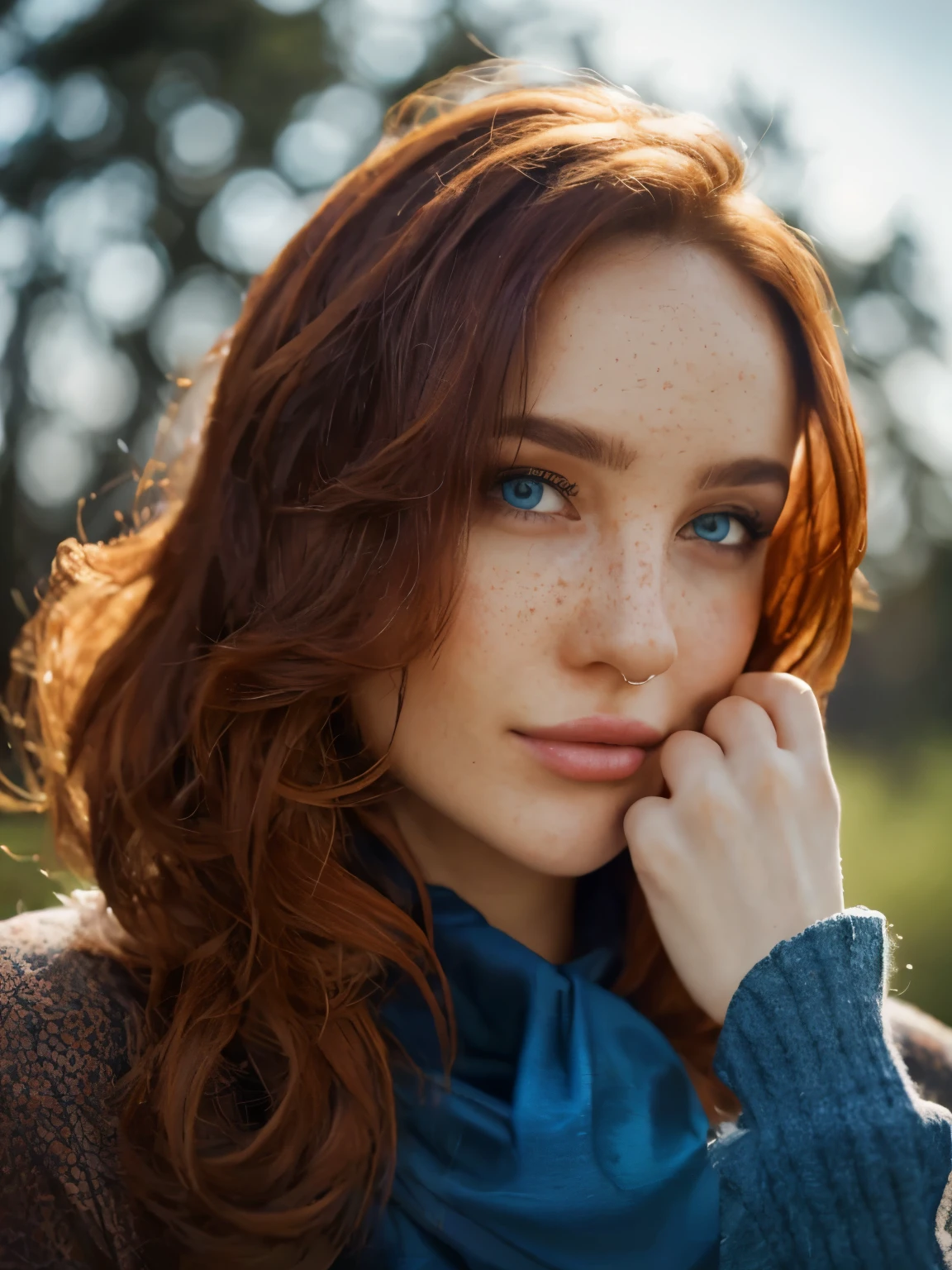 Portrait of a beautiful woman, looking_at_viewer, red hair, detailed_hair_style, curly hair, pale skin, freckles, blue_eyes, Perfect illumination, warm light, outdoors, fantasy clothing, Masterpiece, Incredibly detailed photo, Ultra High Definition, (extremely realistic, professional photo, perfect body, perfect human anatomy, high quality fingers, detailed fingers, photo realistic)