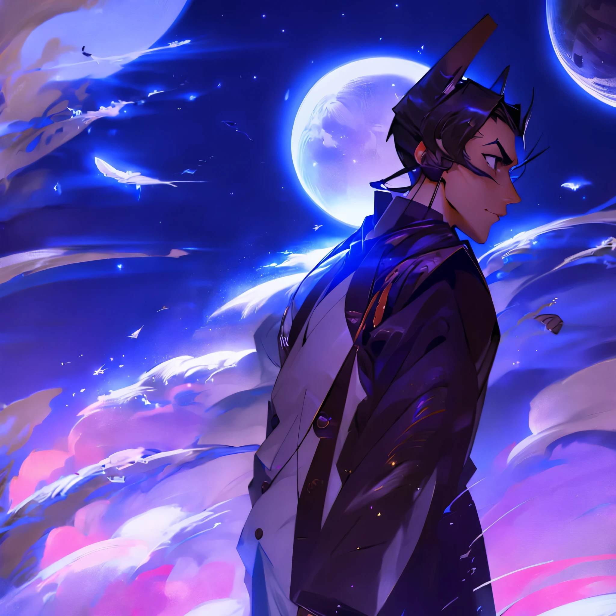 Masked man in elegant Japanese suit looking at the moon in space with stardust around and stars behind the moon. El hombre es un buscador de la luna. La luna es grande y hermosa rodeada de polvo de estrellas y oscuridad. El cosmo lo rodea en un ambiente calido y angustiante.