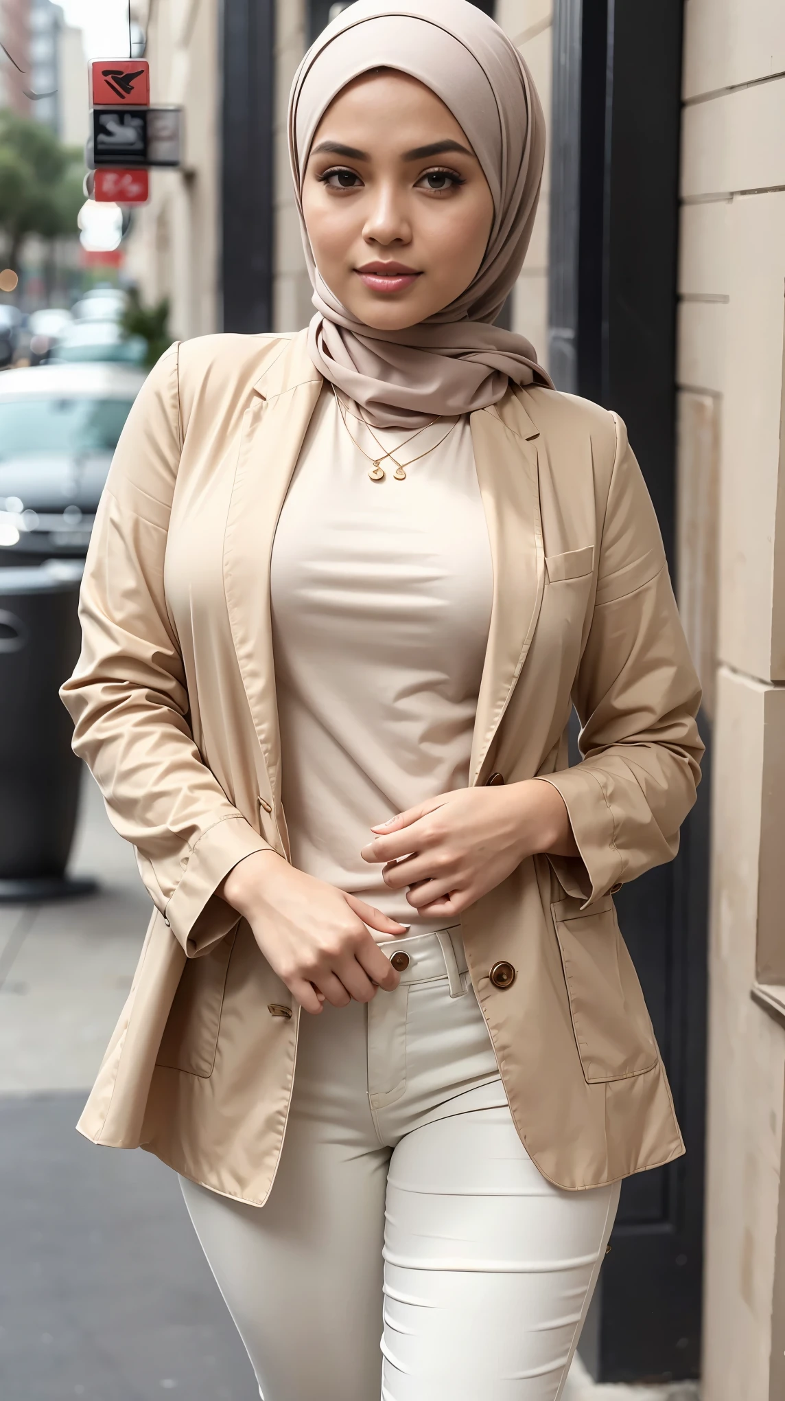 RAW, Best quality, high resolution, masterpiece: 1.3), beautiful Malay woman in hijab, Masterpiece, perfect fit body, big breasts, thick thighs, beautiful face, beautiful big eyes, Soft smile, Muslim woman wearing a beige jacket and white pants with a black purse, elegant slim beige shirt, wear's beige shirt, wearing elegant casual clothes, cream colored blouse, wearing a blouse, taupe, full body picture, feminine in cute pastel shades, beige, wearing in shirt, casual modern clothing, cropped shirt with jacket, beautiful woman, Good lighting, Bright colors, Very realistic clean lines, very realistic