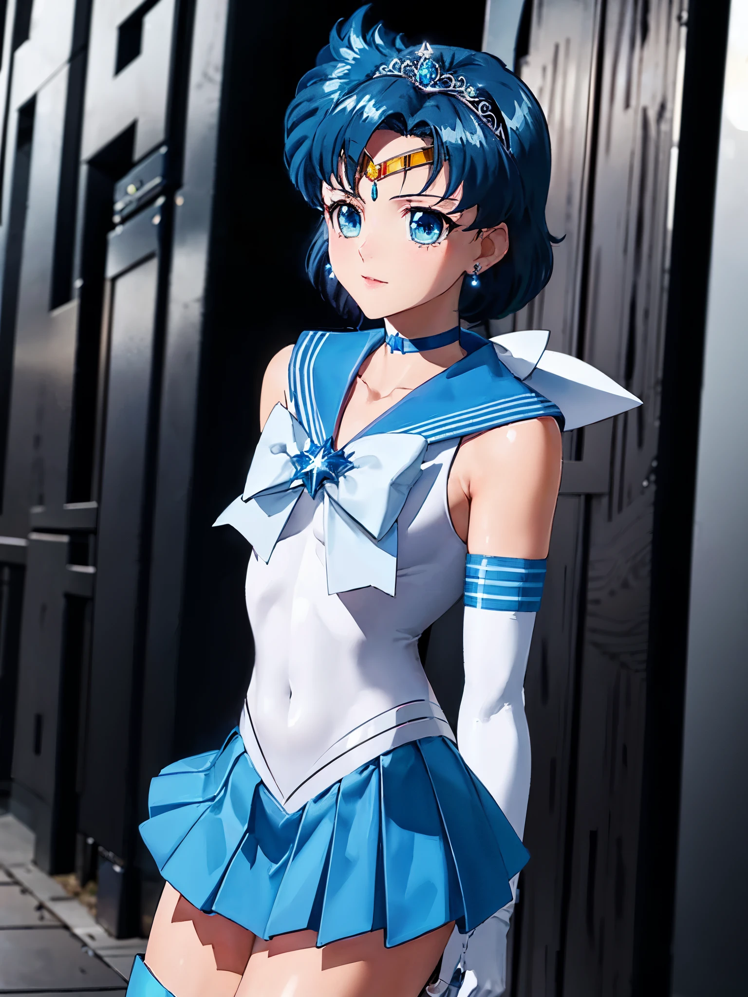 masterpiece, highest quality, High resolution, See more1, tiara, Sailor Senshi Uniform, blue skirt, blue sailor collar, tiara, bow, knee boots, choker, white gloves, blue choker, elbow gloves, jewelry, earrings, pleated skirt, cowboy shot, outdoor