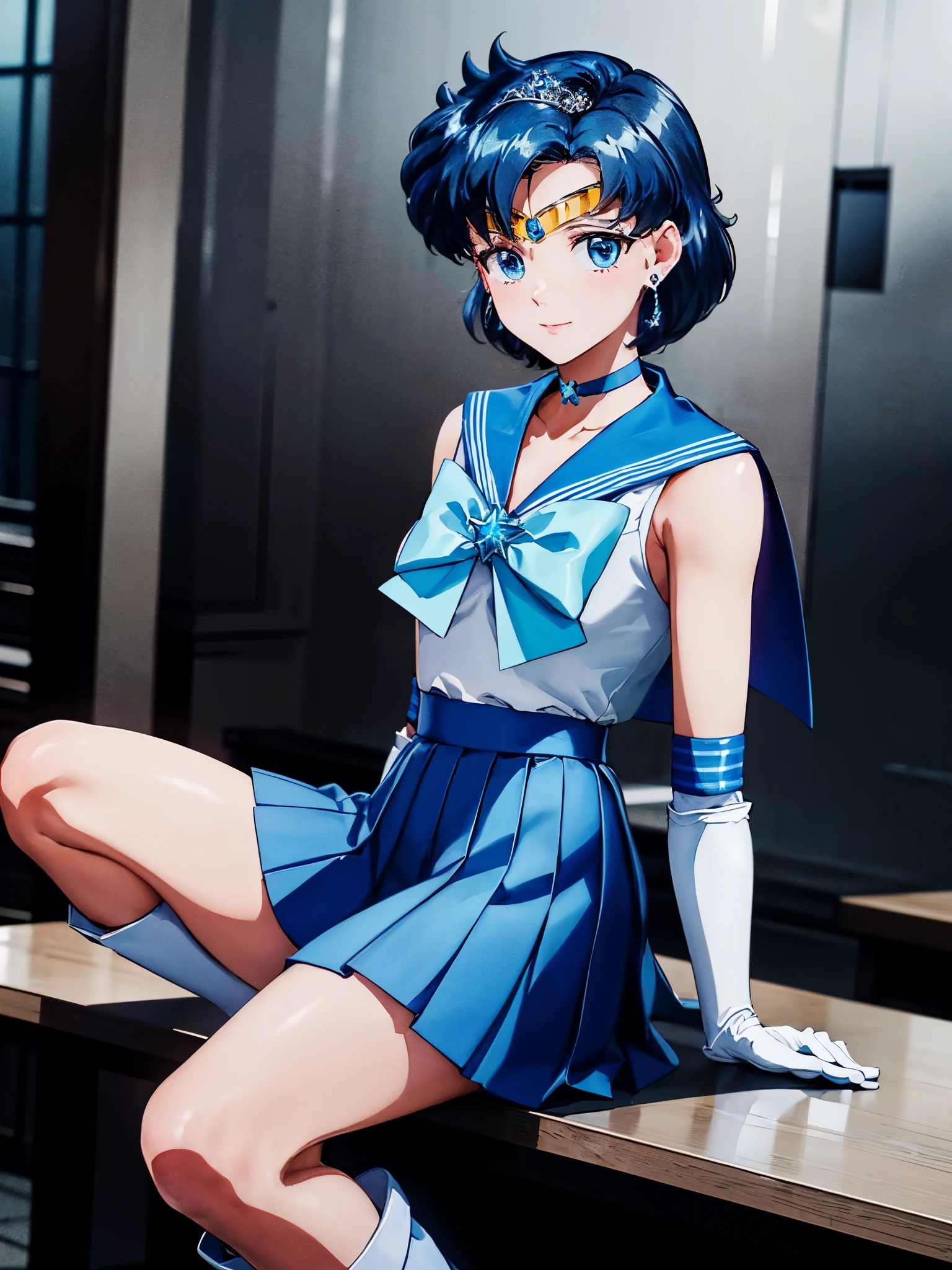 masterpiece, highest quality, High resolution, See more1, tiara, Sailor Senshi Uniform, blue skirt, blue sailor collar, tiara, bow, knee boots, choker, white gloves, blue choker, elbow gloves, jewelry, earrings, pleated skirt, cowboy shot, outdoor