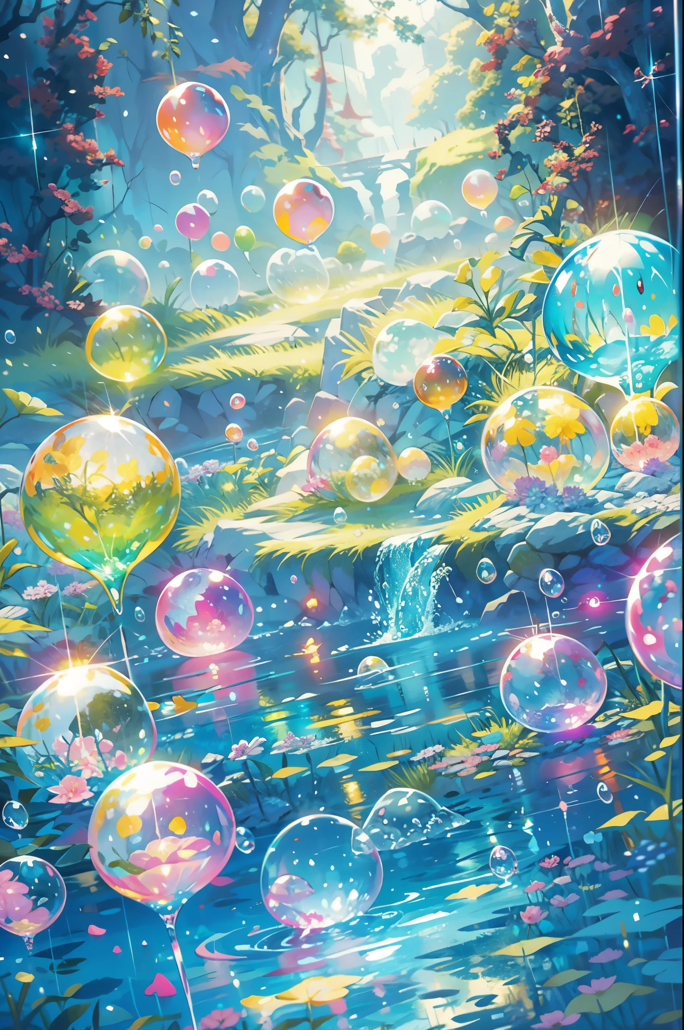 Far shot of a lake,super cute slime,reflecting light,colorful bubbles,magical lake,ultra-detailed,best quality,soft lighting, fantasy style, vibrant colors