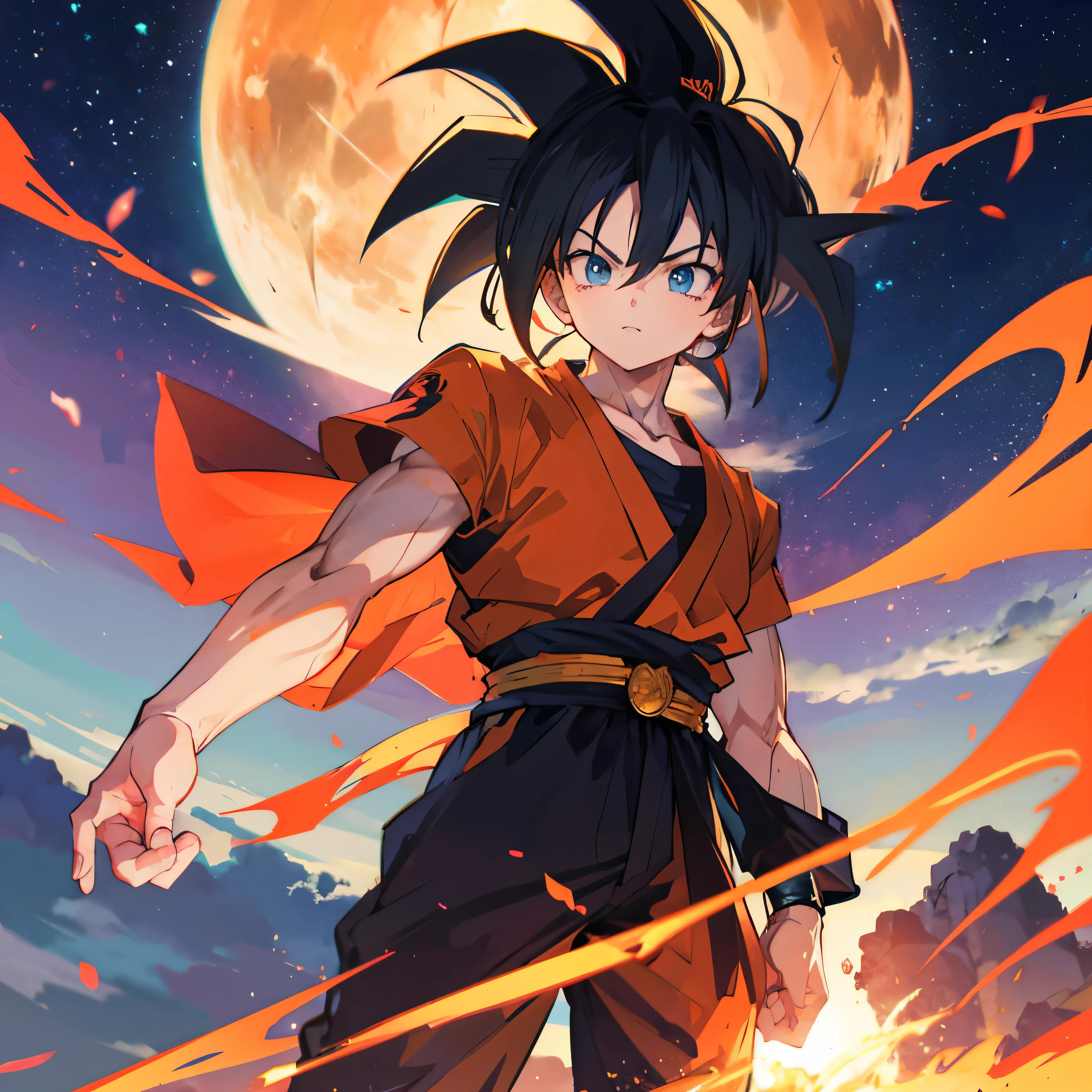 Black Goku with flaming sky in background 