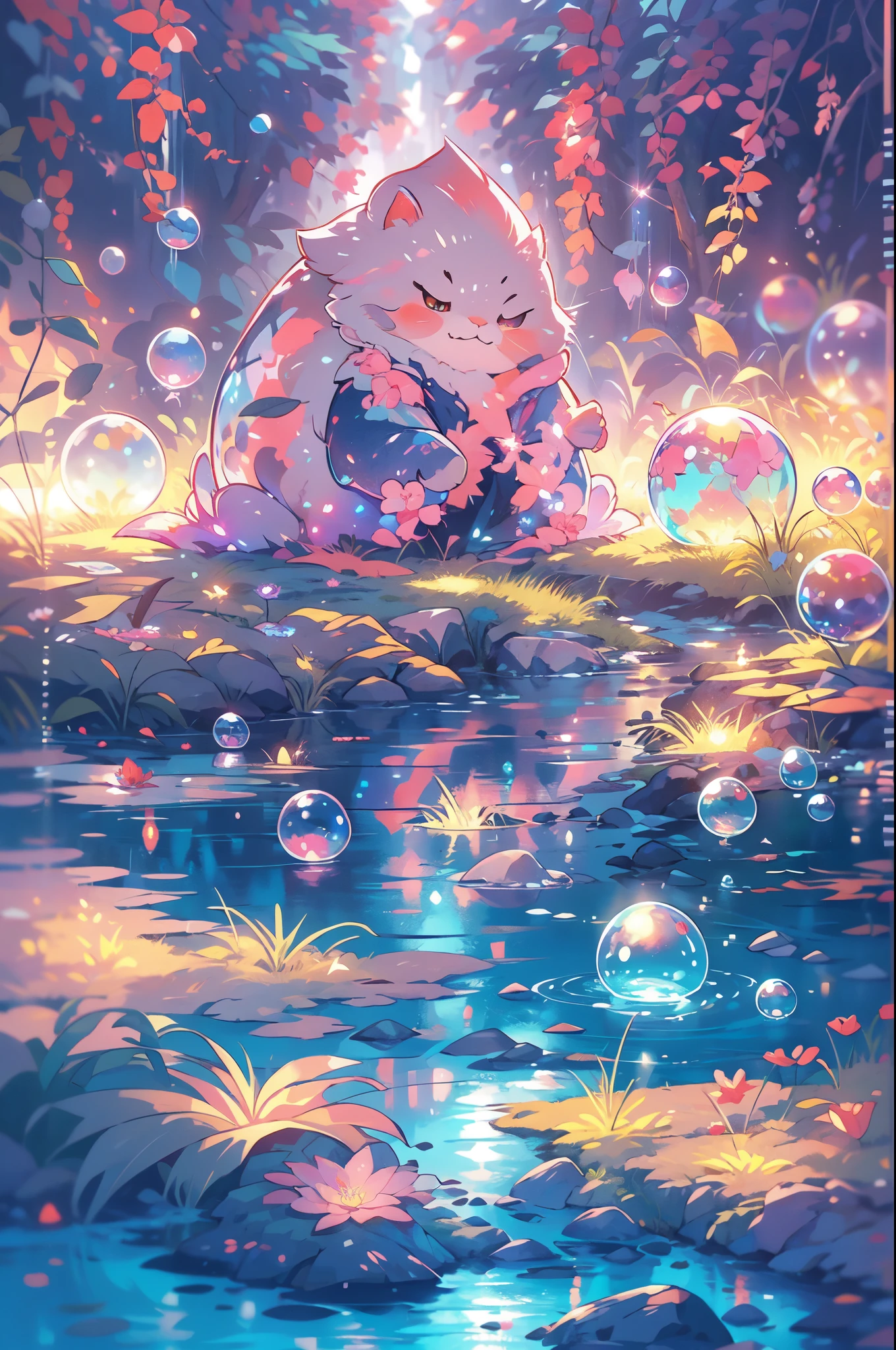 Far shot of a lake,super cute slime,reflecting light,colorful bubbles,magical lake,ultra-detailed,best quality,soft lighting, fantasy style, vibrant colors