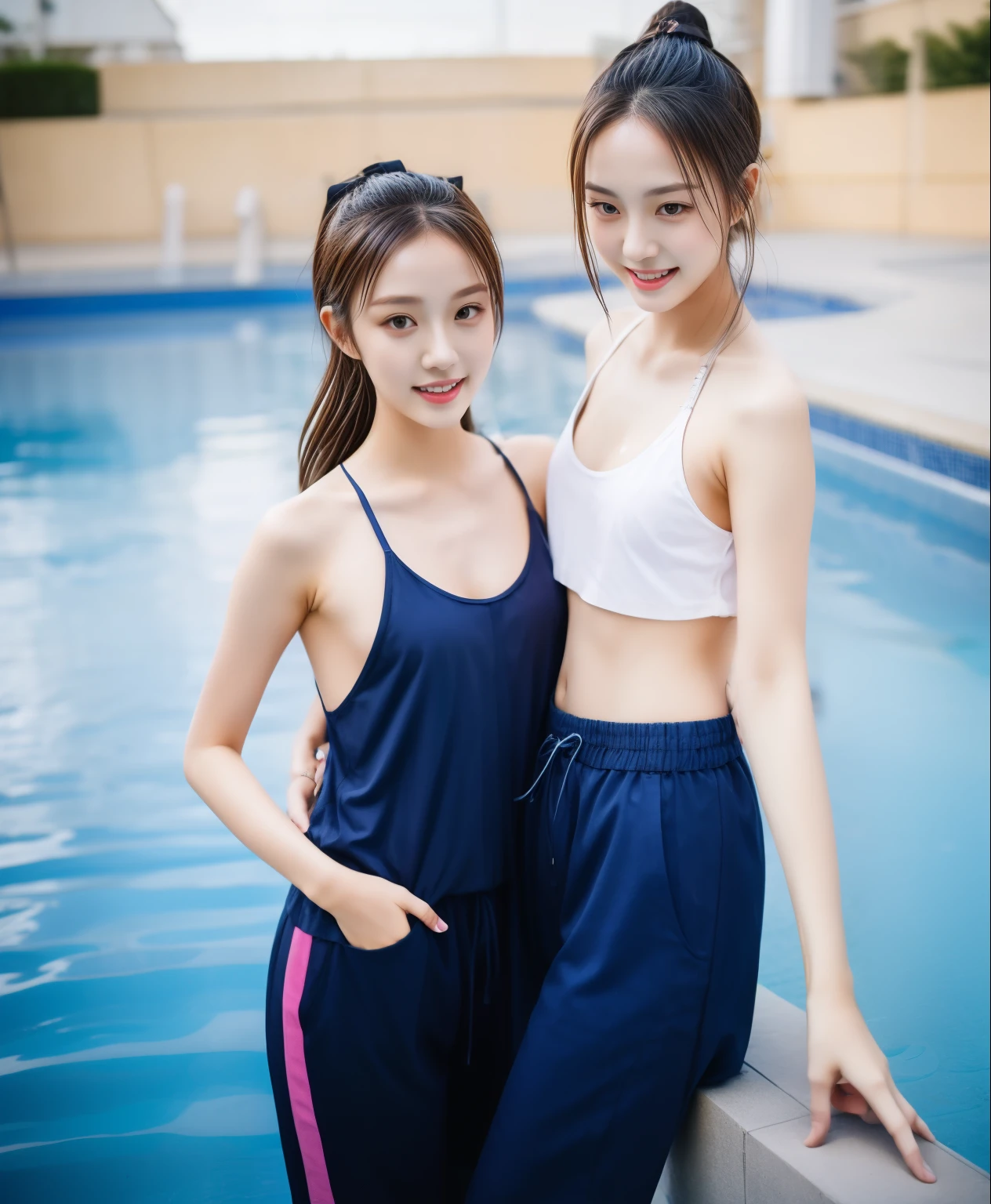 2 girls in the swimming pool, black underwear,Navy Long Trackpant,Sweatpants, Sweatpantsขายาว,25 year old girl, lesbian, sexy, exercise clothes, wet body