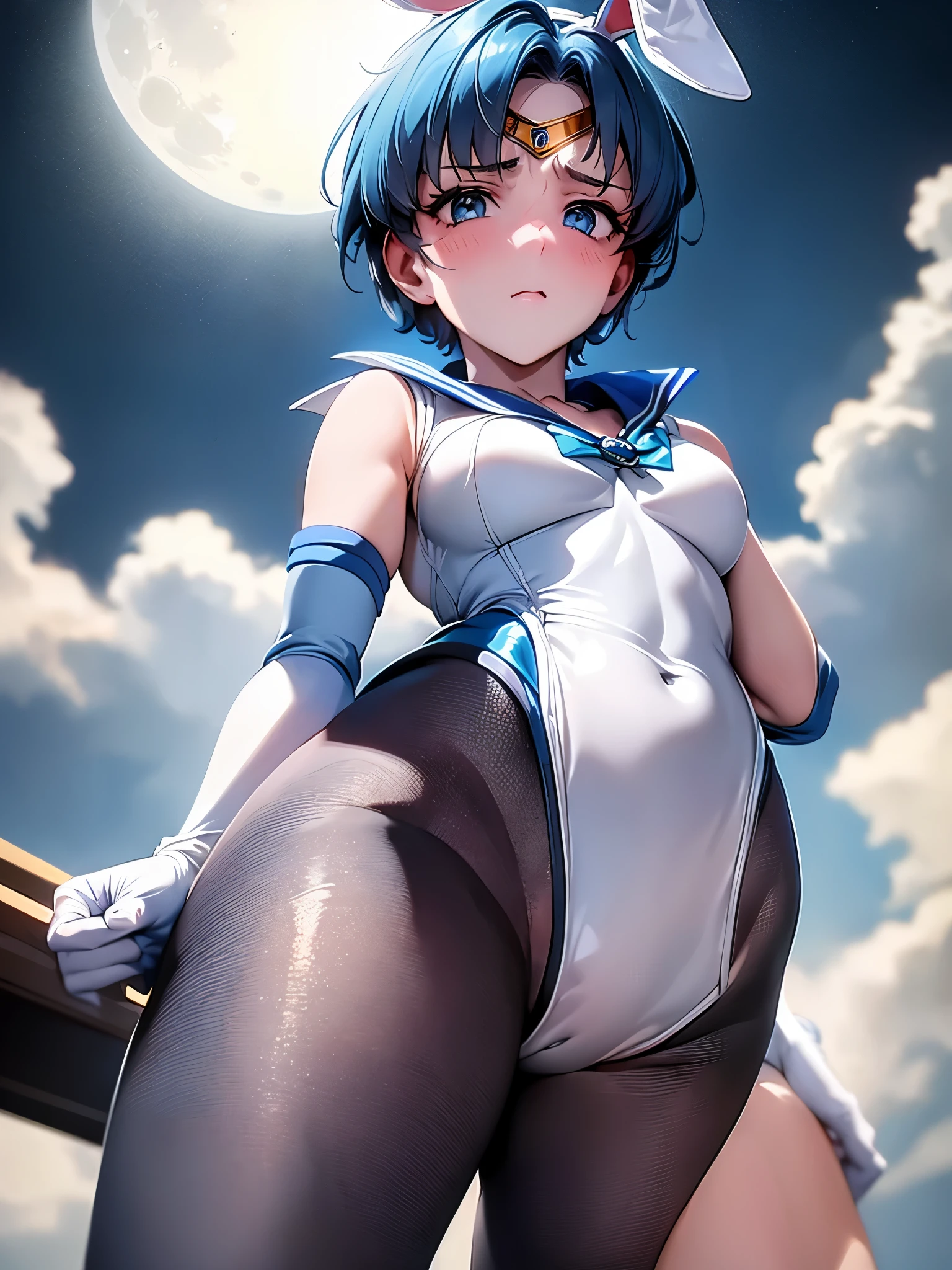 table top, highest quality, 1 girl, (sailor mercury),light blue hair, (black eye:1.2),((Bunny girl))、((leotard))、((embarrassed look))、((full moon))、((Photo from below))、((pantyhose))、((short hair hair))、((white long gloves))、((open your legs))
