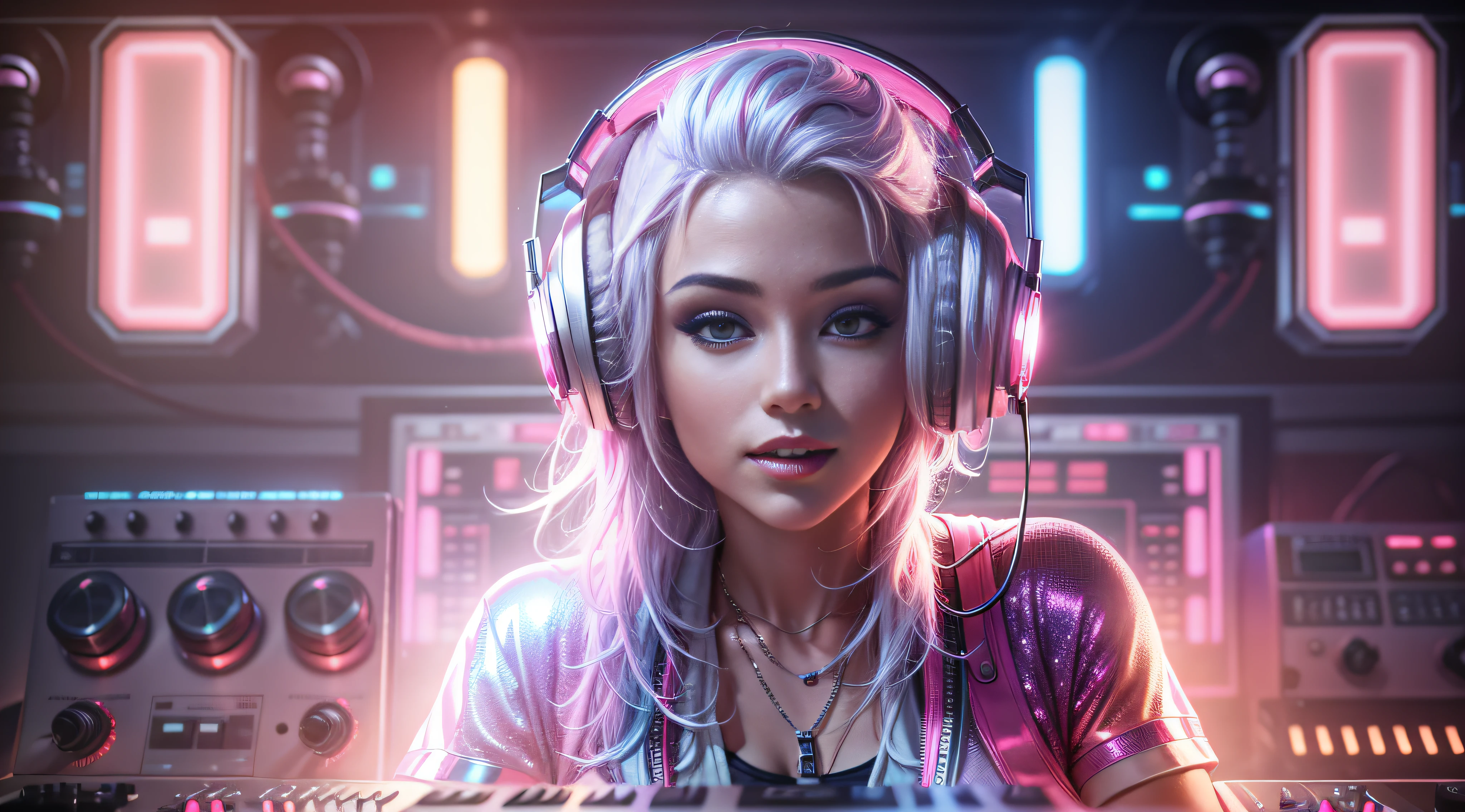 (ultra - detailed, 16K resolution, Cinema lenses,rendering by octane),A young chick woman,Has straight white and pink hair, Wearing silver DJ headphones, Shiny silver sequined T-shirt, (Iconic hip-hop pop costumes:1.3), Smile while DJing on stage.Stand in front of the DJ equipment and shoot full-body, The spotlight shines on the female DJ. Realistic style photography by Disco Lighting
Wait for it to start