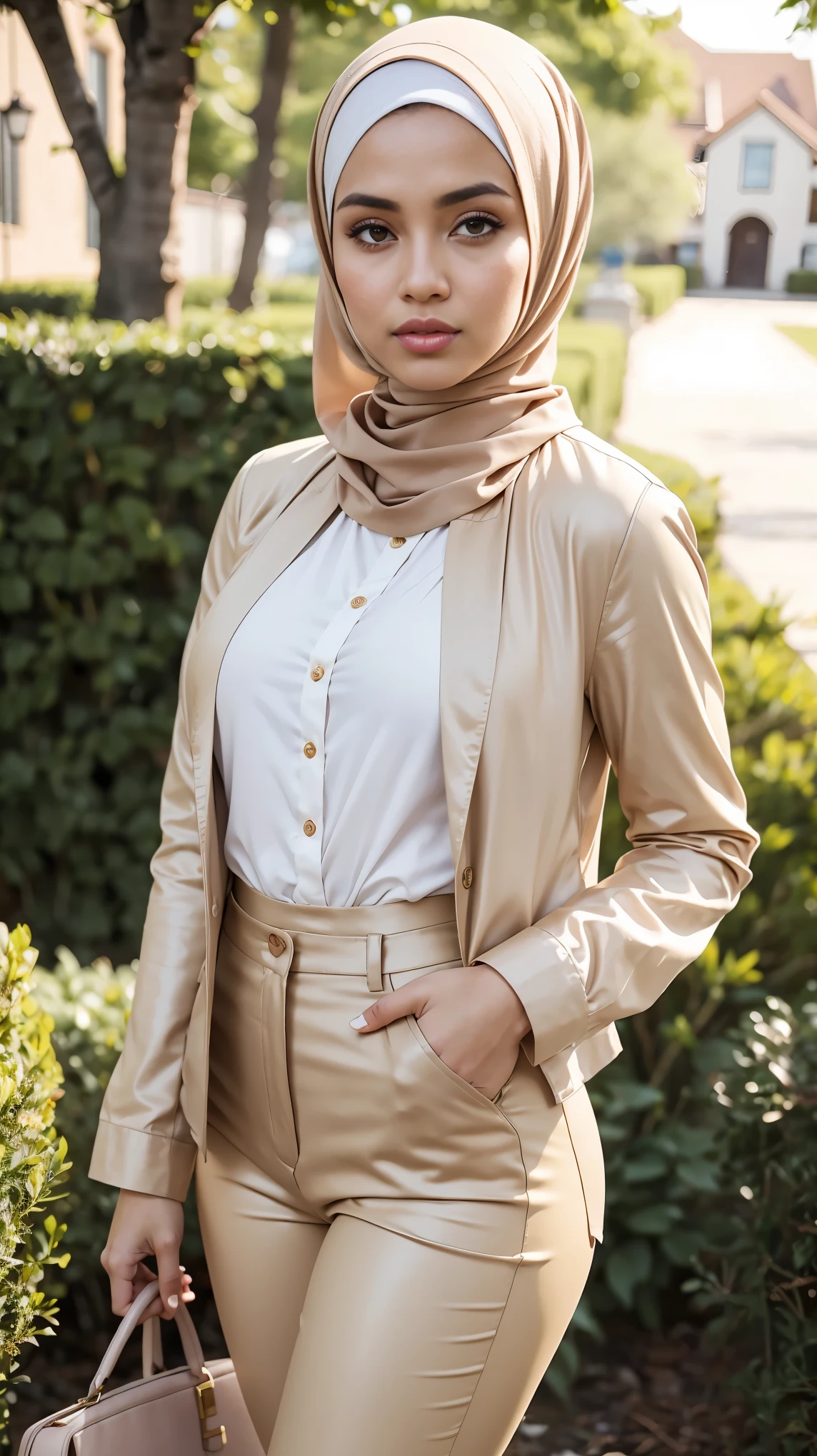 RAW, Best quality, high resolution, masterpiece: 1.3), beautiful Malay woman in hijab, Masterpiece, perfect fit body, big breasts, thick thighs, beautiful face, beautiful big eyes, Soft smile, in garden Flores,Muslim woman wearing a beige jacket and white pants with a black purse, elegant slim beige shirt, wear's beige shirt, wearing elegant casual clothes, cream colored blouse, wearing a blouse, taupe, full body picture, feminine in cute pastel shades, beige, wearing in shirt, casual modern clothing, cropped shirt with jacket, beautiful woman, Good lighting, Bright colors, Very realistic clean lines, very realistic
