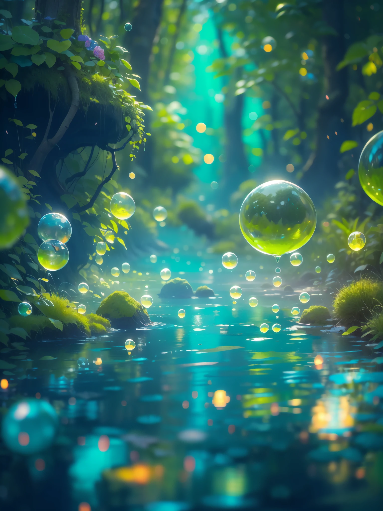 Far shot of a lake,super cute slime,reflecting light,colorful bubbles,magical lake,ultra-detailed,best quality,soft lighting, fantasy style, vibrant colors