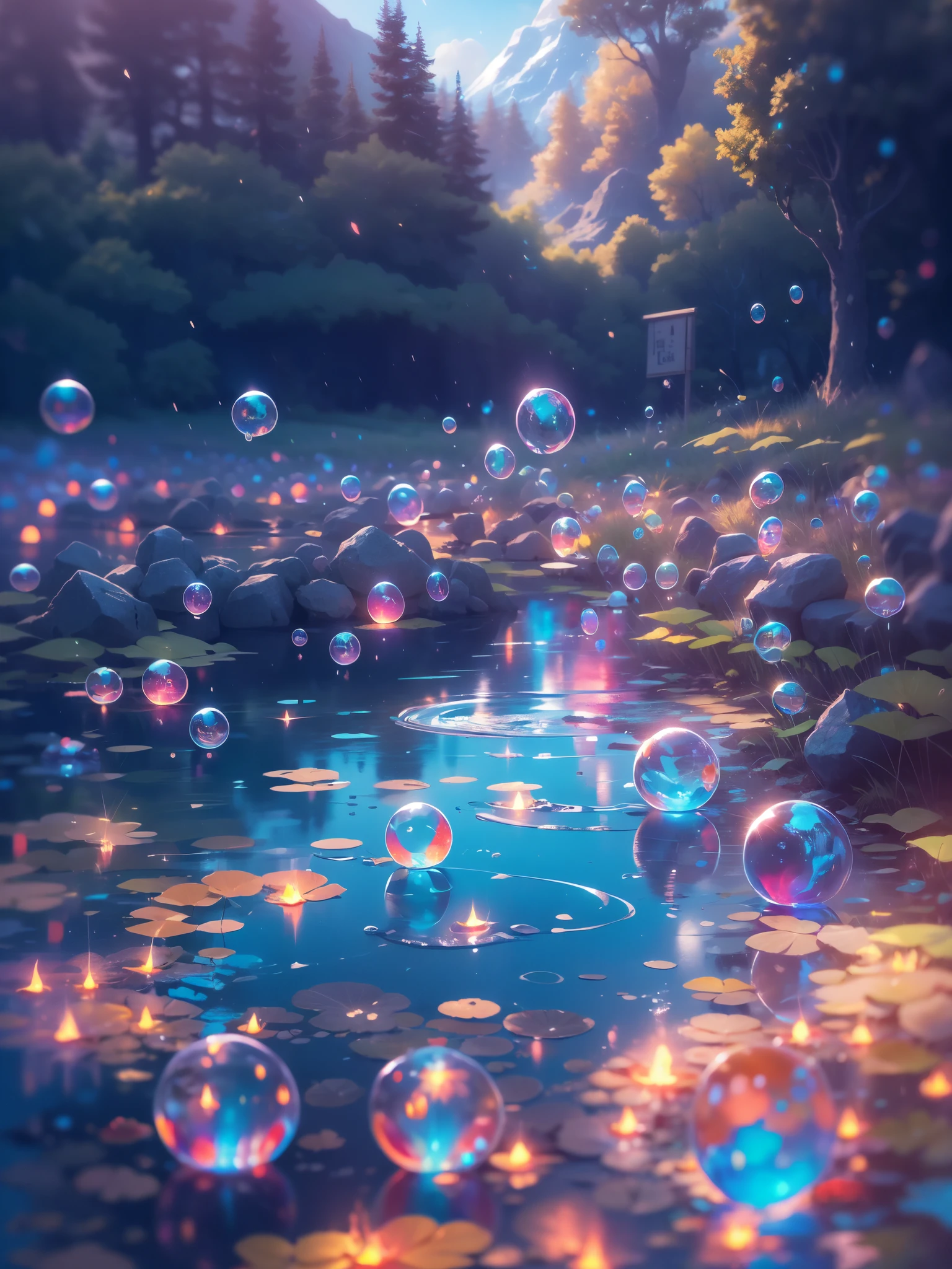 Far shot of a lake,super cute slime,reflecting light,colorful bubbles,magical lake,ultra-detailed,best quality,soft lighting, fantasy style, vibrant colors