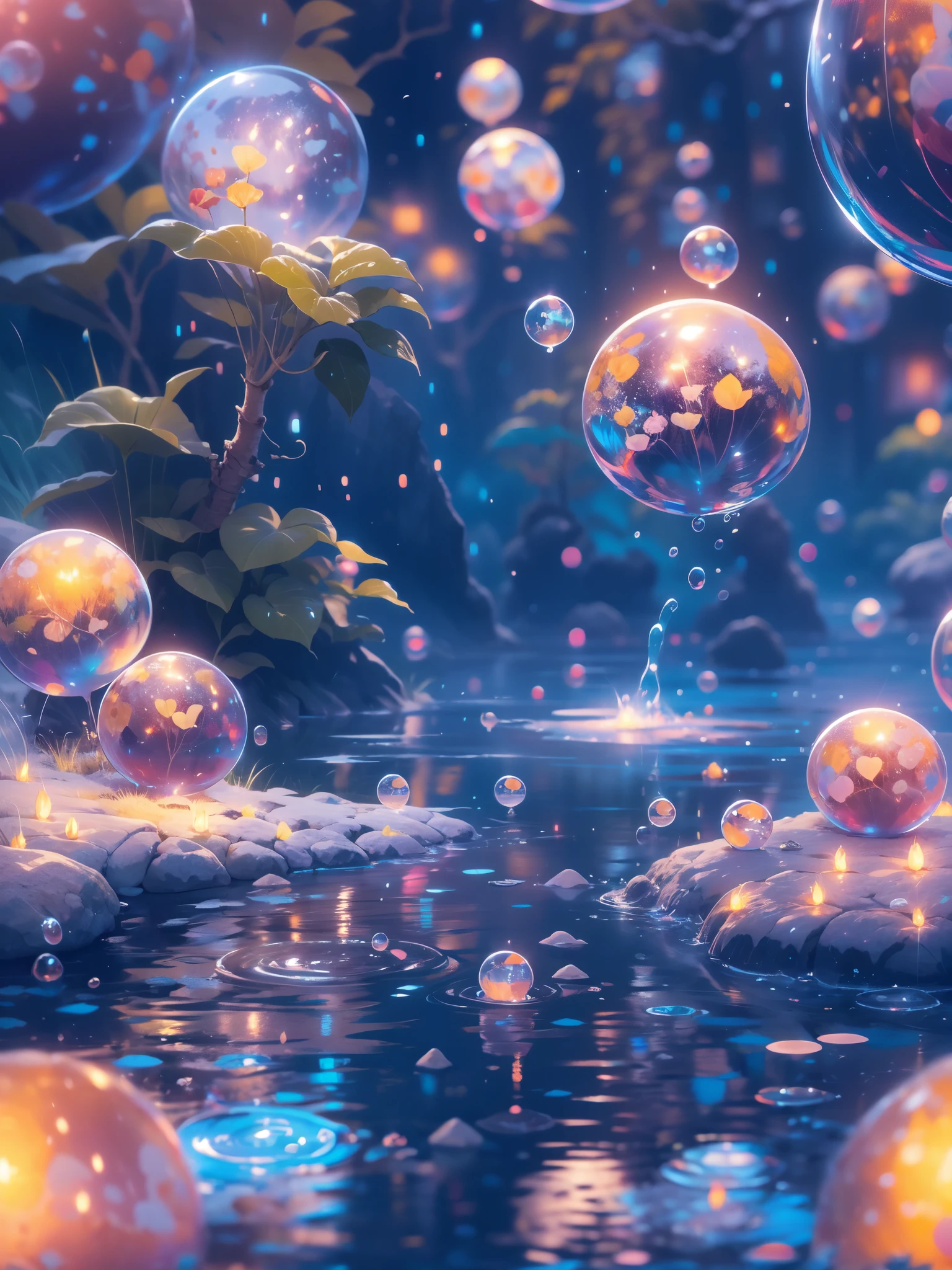 Far shot of a lake,super cute slime,reflecting light,colorful bubbles,magical lake,ultra-detailed,best quality,soft lighting, fantasy style, vibrant colors