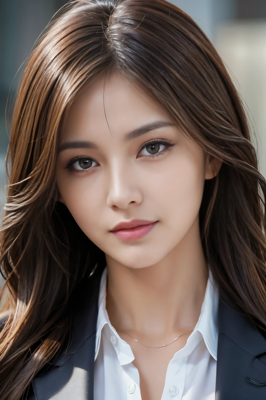 masterpiece, highest quality, realistic, Super detailed, attention to detail, High resolution, 8k wallpaper, one beautiful woman,, light brown messy hair, wearing a business suit, sharp focus, perfect dynamic composition, beautiful and fine eyes, fine hair, Detailed realistic skin texture, smile, close-up portrait, model body shape