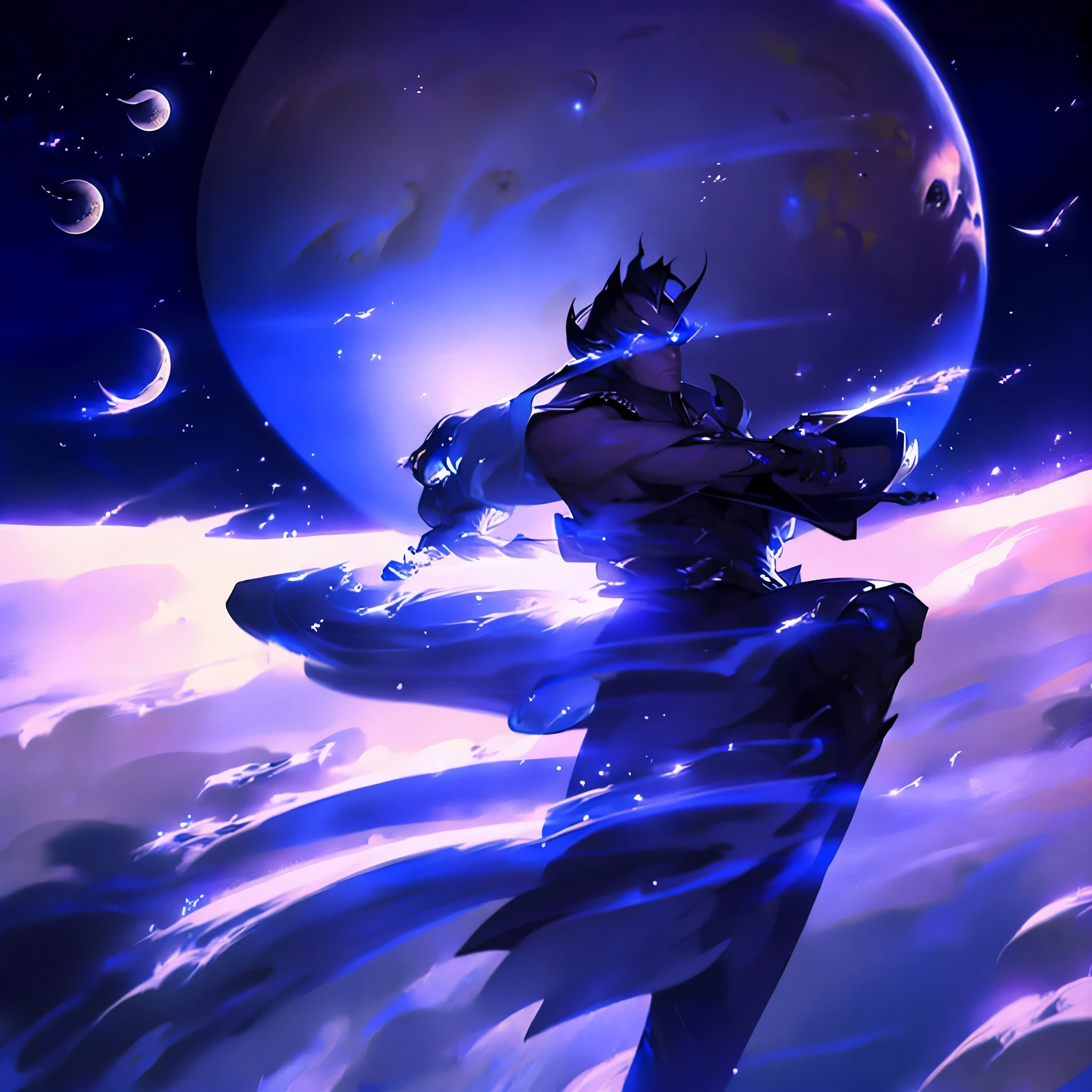 Masked man in elegant Japanese suit looking at the moon in space with stardust around and stars behind the moon. El hombre es un buscador de la luna.. La luna es grande y hermosa rodeada de polvo de estrellas y oscuridad. El cosmo lo rodea en un ambiente calido y angustiante.