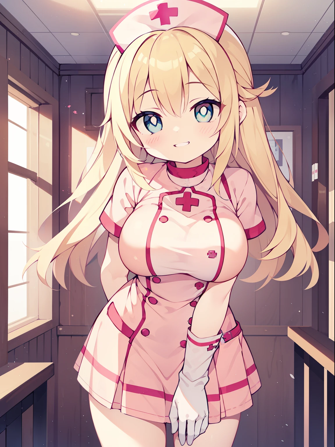 (nurse girl:1.2), (1 person:1.2),(10 year old girl)、young girl、big breasts、 nffsw、shader、highly detailed eyes、nurse costume(Light pink nurse clothes、Plain clothing、silk gloves、mini skirt)、long straight hair、underide boob、blonde、silky hair、ultra-intricate pupil in eyes、highest quality、bright colors、Bust 100、Standing picture of the game、Stirring composition、Composition looking up from below、Lift your with your hands、Pose that emphasizes the chest、fold your arms、grinning expression、eyes half closed、open your mouth、fold your hands behind your back、Hide your hands、evil smile、whole body、beautiful