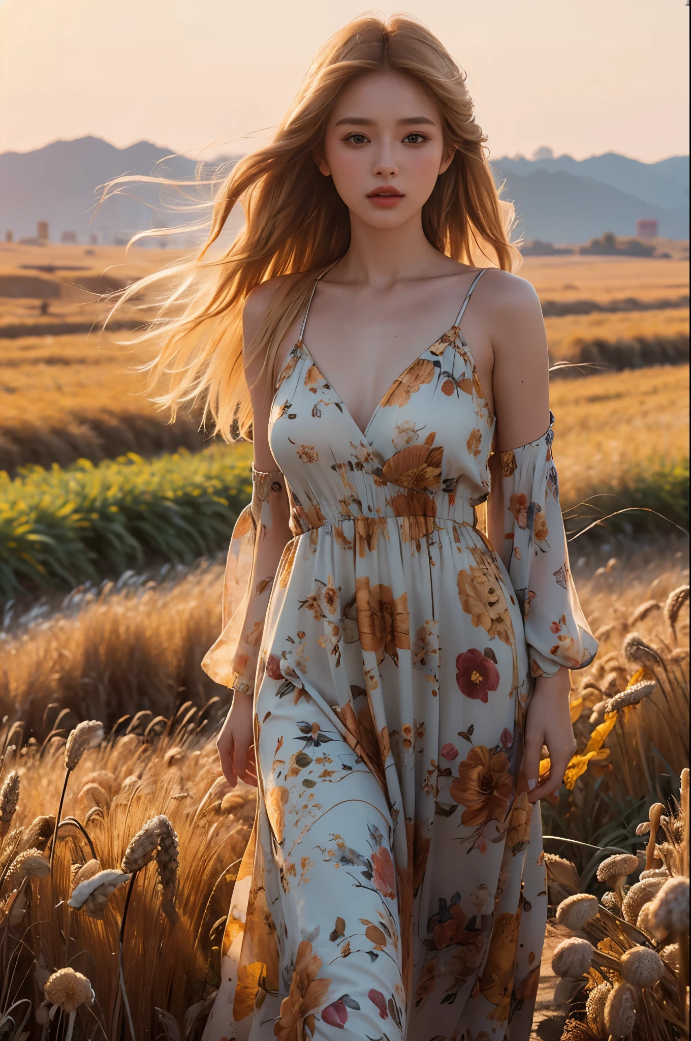(best quality, masterpiece), (realistic, photo realistic), UHD, extremely detailed CG unity 8k wallpaper, sharp focus, (realistic skin), perfect anatomy, (natural lighting), glossy lips,
BREAK
1girl, standing, wheat fields, golden hair color, long hair blowing in the wind, looking at viewer, (wearing loose floral dress), golden hour,