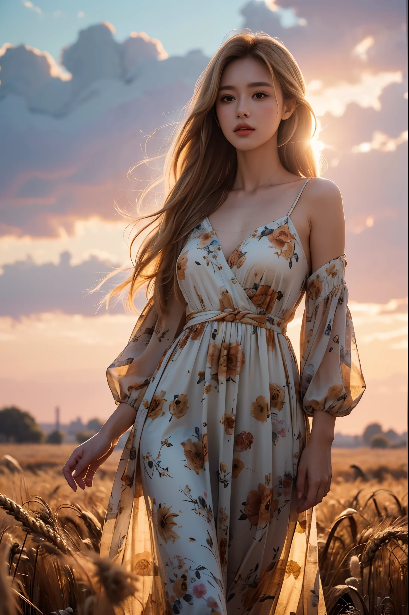 (best quality, masterpiece), (realistic, photo realistic), UHD, extremely detailed CG unity 8k wallpaper, sharp focus, (realistic skin), perfect anatomy, (natural lighting), glossy lips,
BREAK
1girl, standing, wheat fields, golden hair color, long hair blowing in the wind, looking at viewer, (wearing loose floral dress), golden hour,