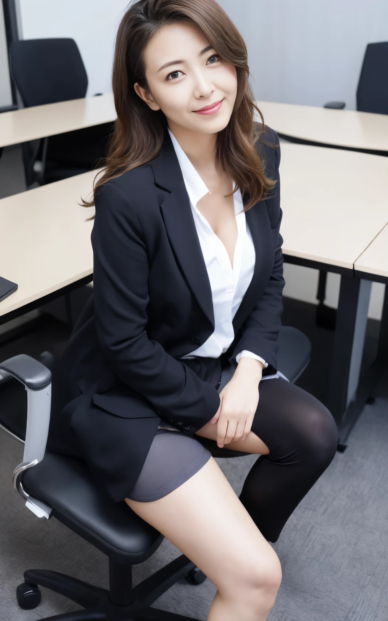 ((Best Quality, 8k, Masterpiece, Portrait: 1.3)), (looking at viewer),Photorealistic, Sharp Focus, glare, beautiful Japan Office Lady, gray blazer, white shirt, Clothes with big Cleavage View, 35 Years Old, Wavy Hair, ((double eyelid, eyelash, lip gloss)), ((Sit with Open your legs wide on office chair:1, two knees up)), (loose waist:1), (open legs:1.2), (Show Panties), (open mouth:0.7), (smile:0.5), ((open mouth:1)), Darkness Nobody Office Room,