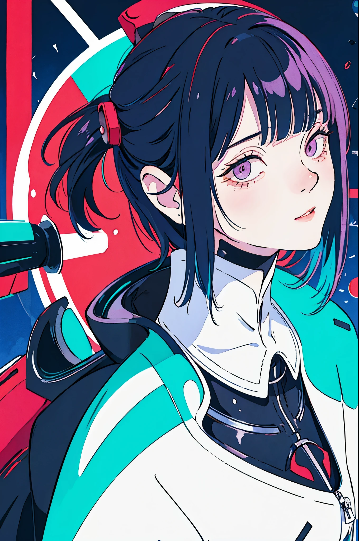 Desenhe um cativante personagem de anime 2D com um rosto afeminado, apresentando uma pele clara e olhos castanhos escuros expressivos. Seu cabelo, in fuchsia blue tones with white pigments, is uniquely stylized, giving it a distinctive appearance. Vestindo um conjunto de roupa no estilo techwear, the character is predominantly dressed in black, com detalhes em laranja que acentuam seu visual moderno e futurista. His attire reflects technological and futuristic elements, providing a unique vibe. A small robot floats gracefully on the character's shoulder. This robot is distinguished by a capacitor symbol mark, strategically positioned close to the character's face, adding a touch of advanced technology to the composition. Adicionalmente, a pendant with the play symbol is cleverly attached to the character's hair, proporcionando um elemento divertido e peculiar ao seu visual. Make sure the character's head is completely contained within the drawing, highlighting your unique features in an attractive and memorable way.