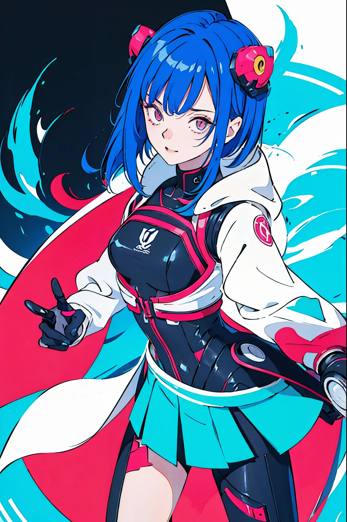 Desenhe um cativante personagem de anime 2D com um rosto afeminado, apresentando uma pele clara e olhos castanhos escuros expressivos. Seu cabelo, in fuchsia blue tones with white pigments, is uniquely stylized, giving it a distinctive appearance. Vestindo um conjunto de roupa no estilo techwear, the character is predominantly dressed in black, com detalhes em laranja que acentuam seu visual moderno e futurista. His attire reflects technological and futuristic elements, providing a unique vibe. A small robot floats gracefully on the character's shoulder. This robot is distinguished by a capacitor symbol mark, strategically positioned close to the character's face, adding a touch of advanced technology to the composition. Adicionalmente, a pendant with the play symbol is cleverly attached to the character's hair, proporcionando um elemento divertido e peculiar ao seu visual. Make sure the character's head is completely contained within the drawing, highlighting your unique features in an attractive and memorable way.