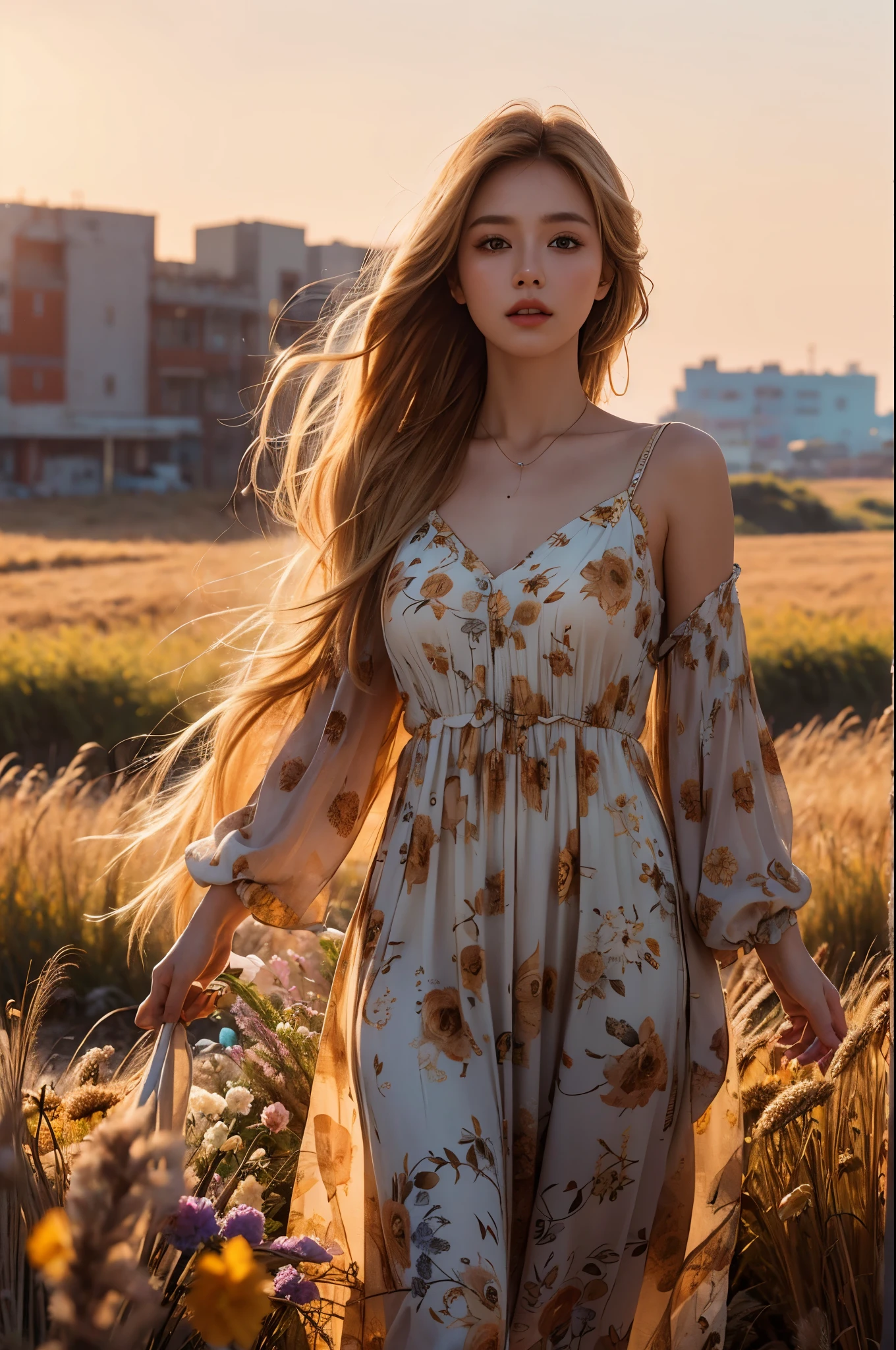 (best quality, masterpiece), (realistic, photo realistic), UHD, extremely detailed CG unity 8k wallpaper, sharp focus, (realistic skin), perfect anatomy, (natural lighting), glossy lips, BREAK 1girl, standing, wheat fields, golden hair color, long hair blowing in the wind, looking at viewer, (wearing loose floral dress), golden hour,