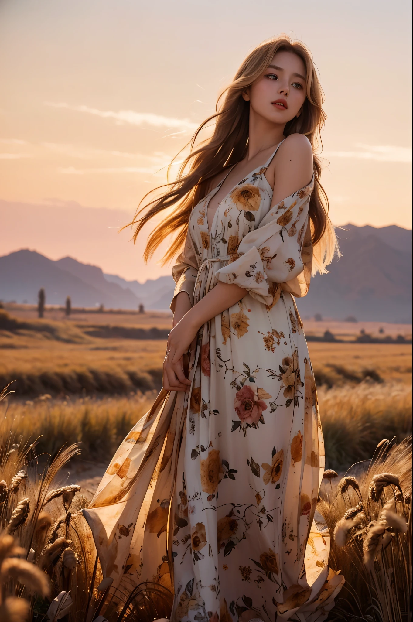 (best quality, masterpiece), (realistic, photo realistic), UHD, extremely detailed CG unity 8k wallpaper, sharp focus, (realistic skin), perfect anatomy, (natural lighting), glossy lips, BREAK 1girl, standing, wheat fields, golden hair color, long hair blowing in the wind, looking at viewer, (wearing loose floral dress), golden hour,