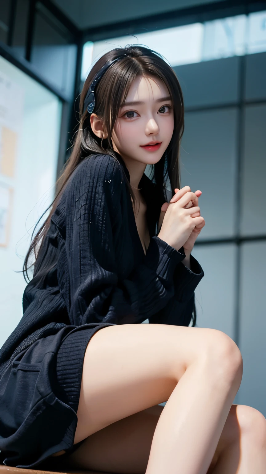 Top quality, one beautiful woman, 20 years old, 35mm lens, f/1, dark brown eyes, glasses, braids, black hair, pale skin, medium chest, slendar body, bangs, black choker, black footwear, black legwear, blurry, blurry background, blush, choker, closed mouth, collarbone, jacket, kneehighs, long hair, long sleeves, looking at viewer, open clothes, shirt, shoes, sidelocks, skirt, smile, sneakers, solo, squatting, thighs, white jacket, white shirt,
