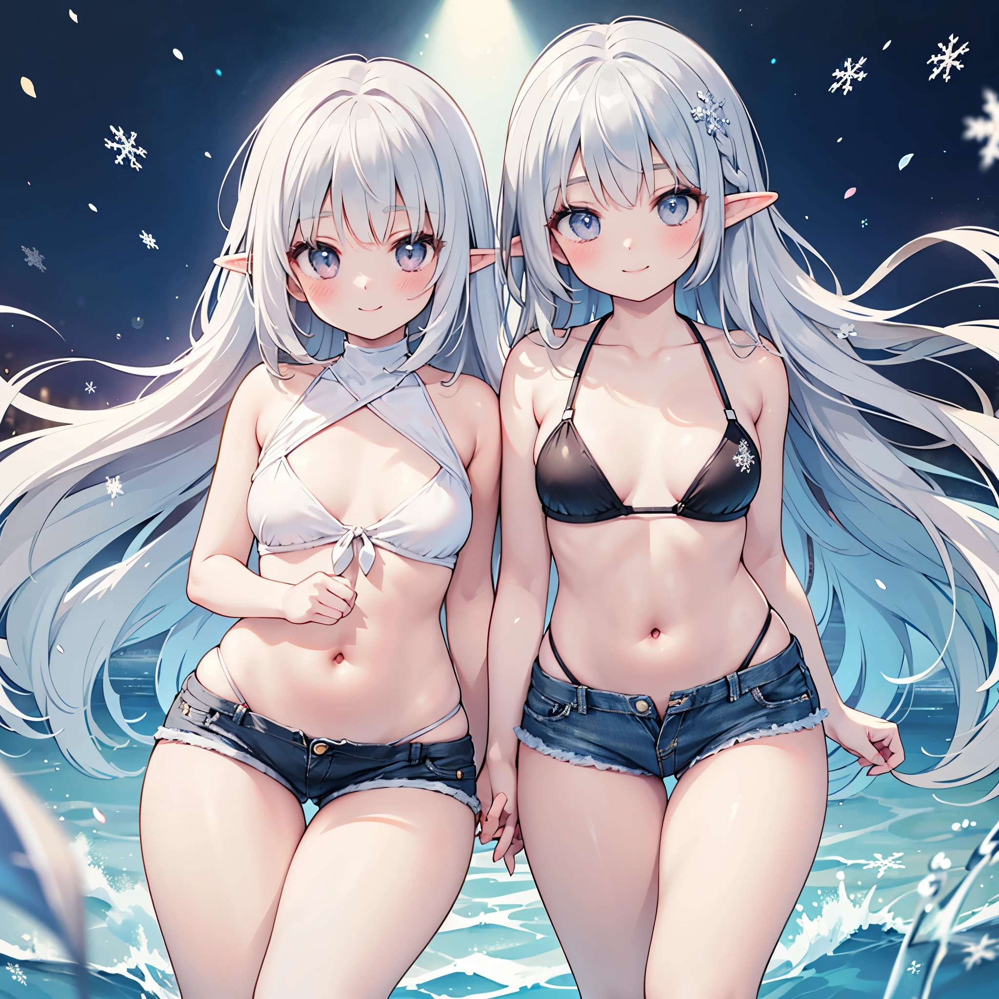 realistic image, coherent image, detailed image, 1 beautiful elf, She has silver hair with black tips, long hair, with braids, silver eyes, her face is oval and delicate, Blushing, smiling, She is wearing a bikini with denim mini shorts, She has a curvy body, small breasts, thick thighs, view of the thighs, with legs together, snowflakes,