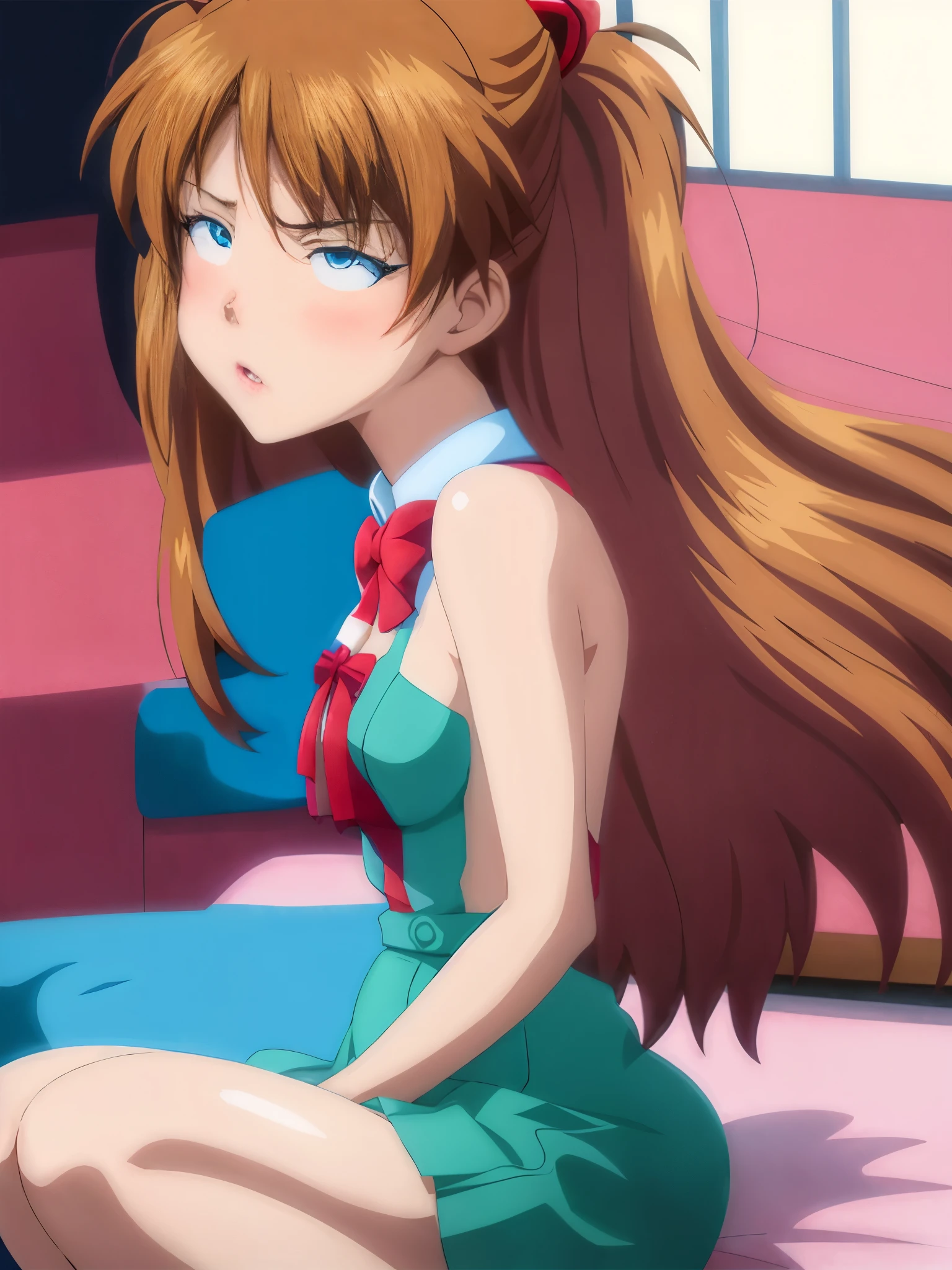 Anime girl sitting on the bed in a short skirt and bow tie, seductive anime girl, Smooth anime CG art, Photorealistic anime girl rendering, a surreal high school girl, small curvaceous , attractive anime girl, cute anime girl,  wearing a dress, beautiful anime high school girl, beautiful anime girl squatting, surreal high school girl, beautiful anime girl