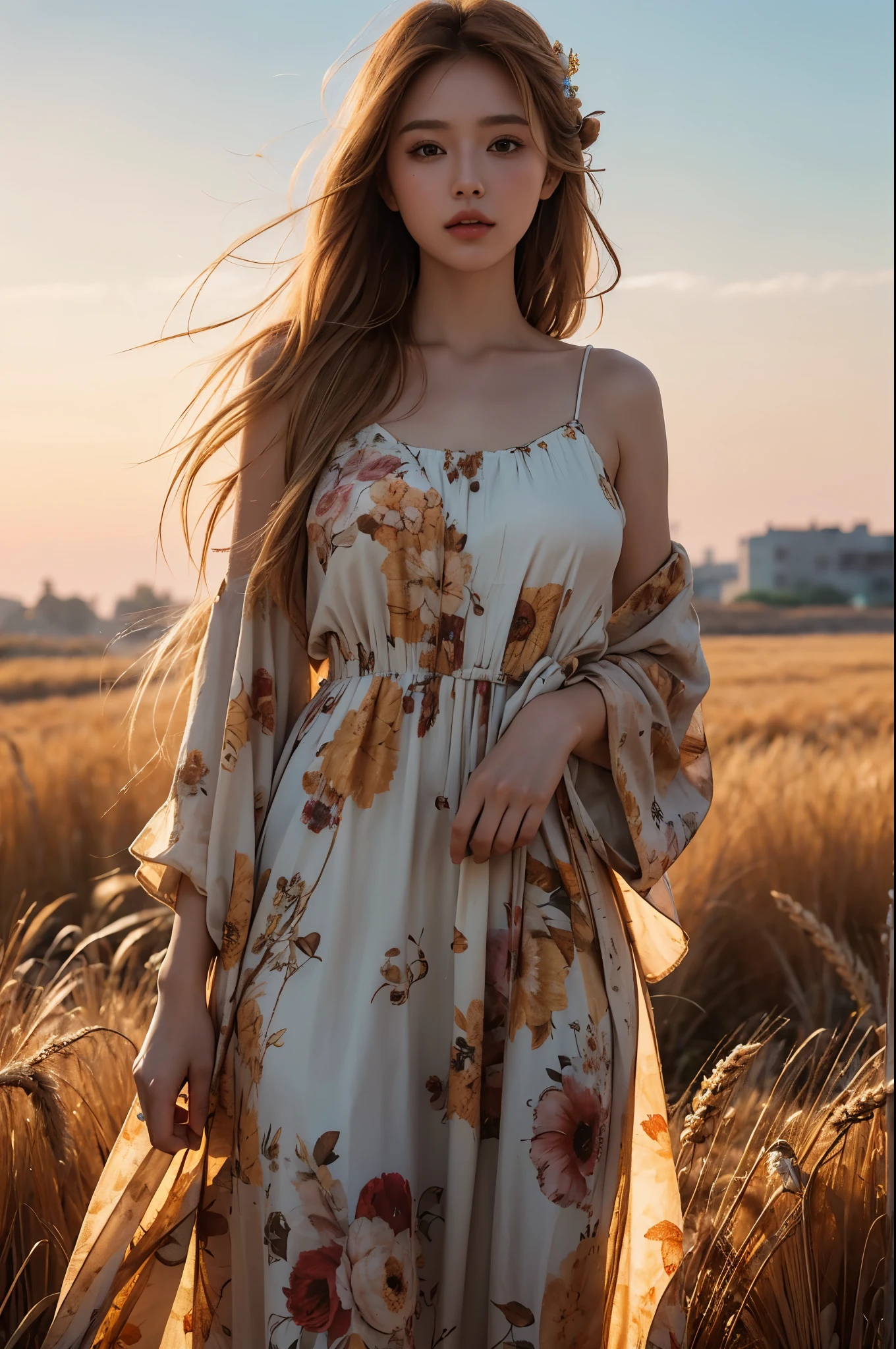 (best quality, masterpiece), (realistic, photo realistic), UHD, extremely detailed CG unity 8k wallpaper, sharp focus, (realistic skin), perfect anatomy, (natural lighting), glossy lips, BREAK 1girl, standing, wheat fields, golden hair color, long hair blowing in the wind, looking at viewer, (wearing loose floral dress), golden hour,