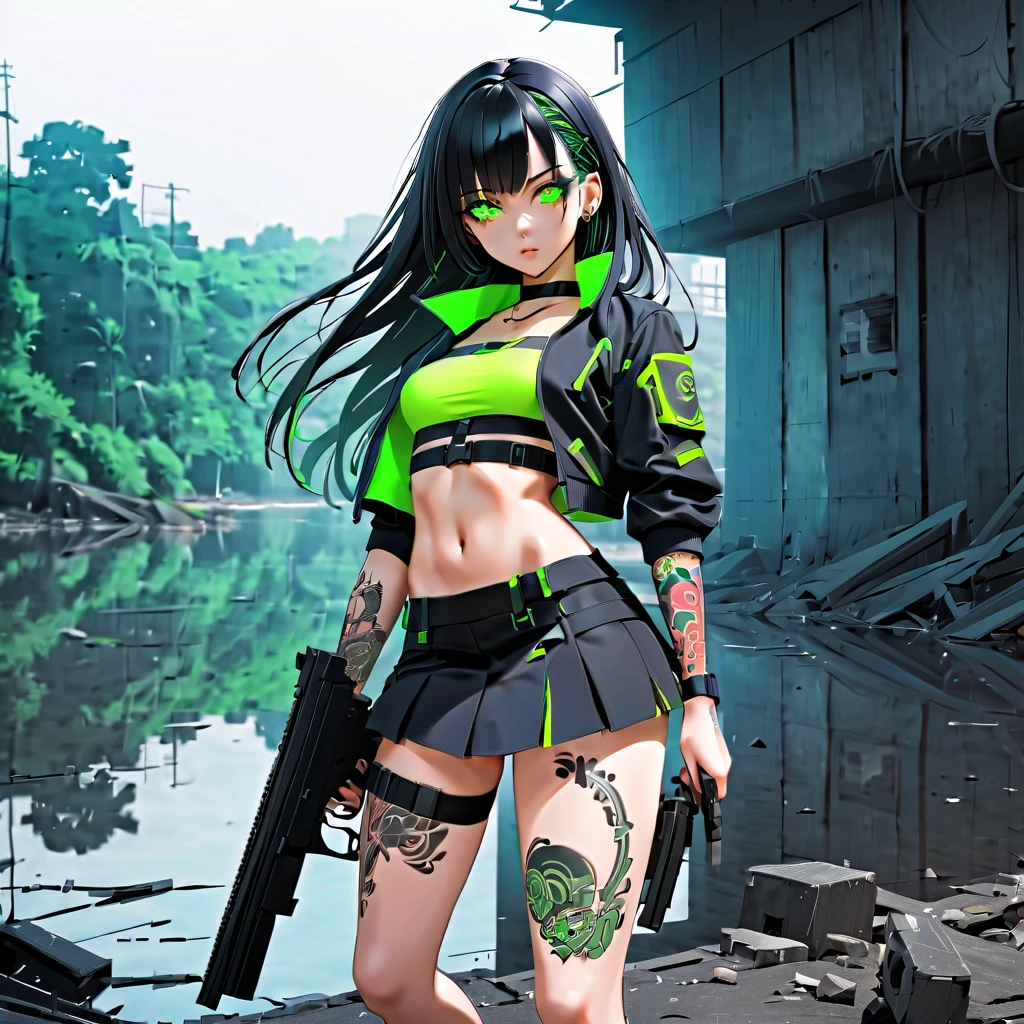 1 girl, solo, long_hair, bangs_between_the_eyes black_hair_with_strands_green, bi_color_ green_neon eyes, sexy_face, HOLDING A GUN IN HAND NEAR THE GROUND, cyberpunk_clothes, short_jacket, navel appears, short_skirt, tatto_legs, left_arm_band, tattoo_above_navel_background_of_abandoned_lake_contaminated, manga_style_image .
